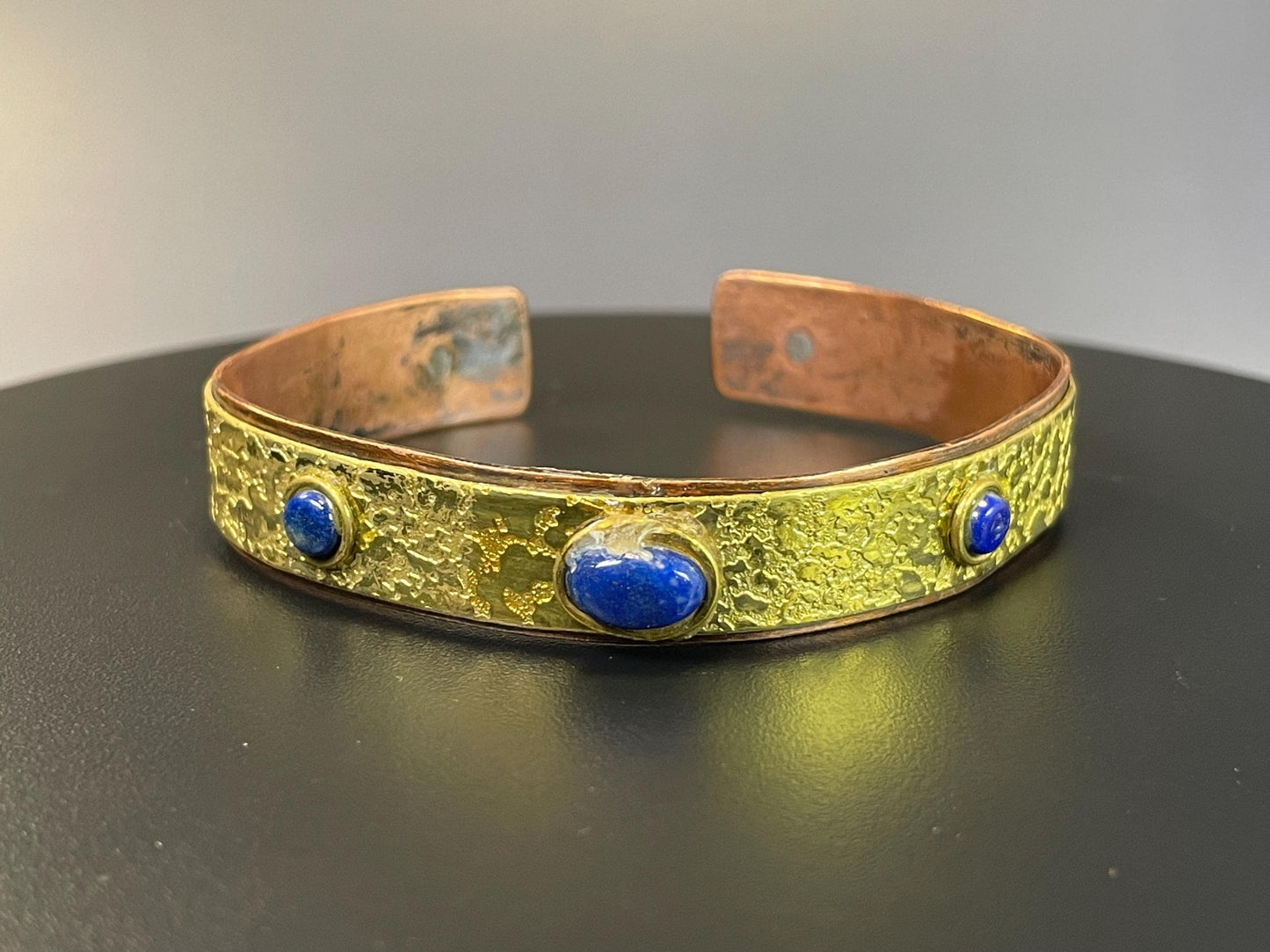 Bold Gilded Copper Cuff Bracelet with Lovely Blue Stones  2.5 Wide