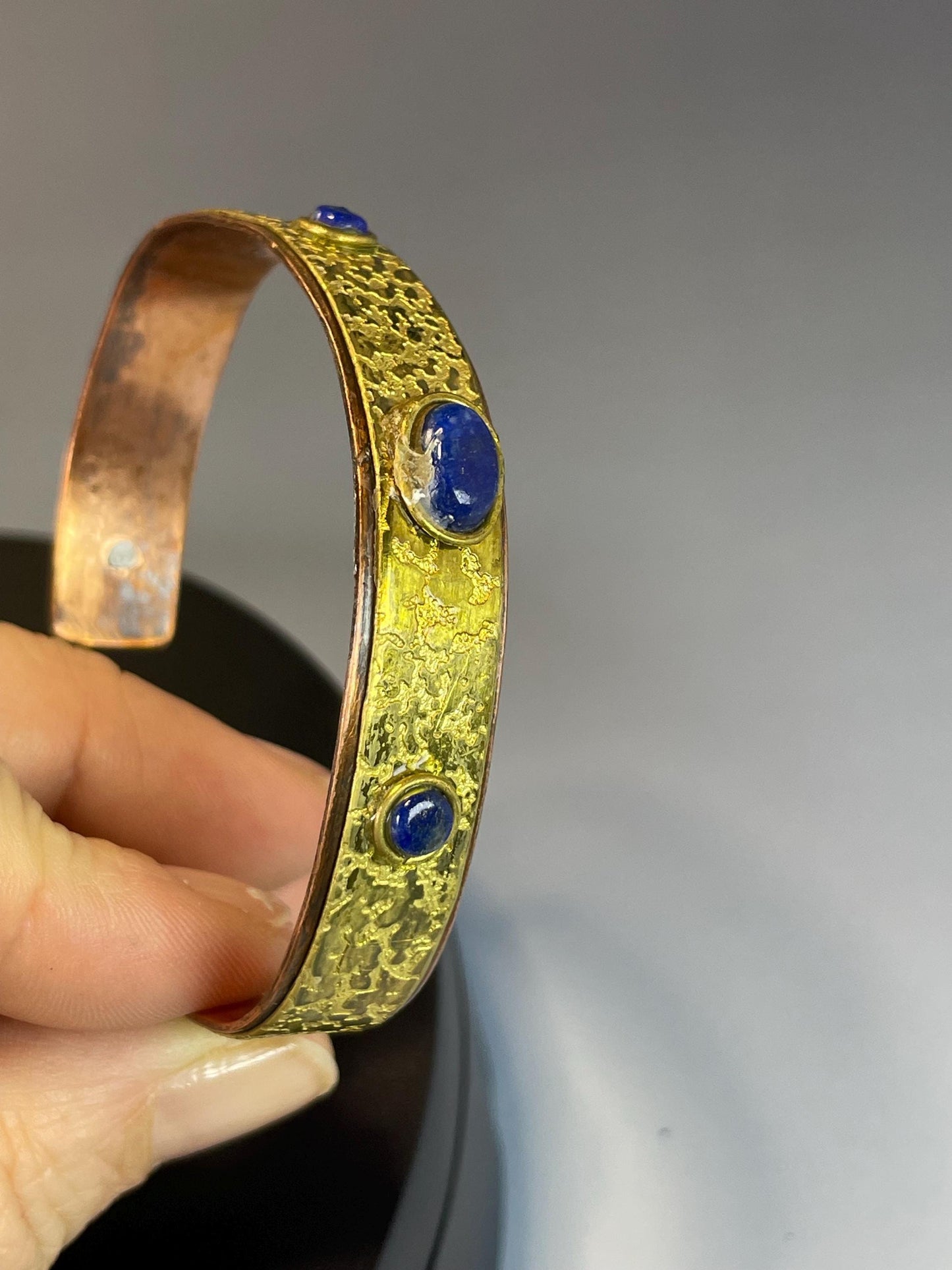 Bold Gilded Copper Cuff Bracelet with Lovely Blue Stones  2.5 Wide