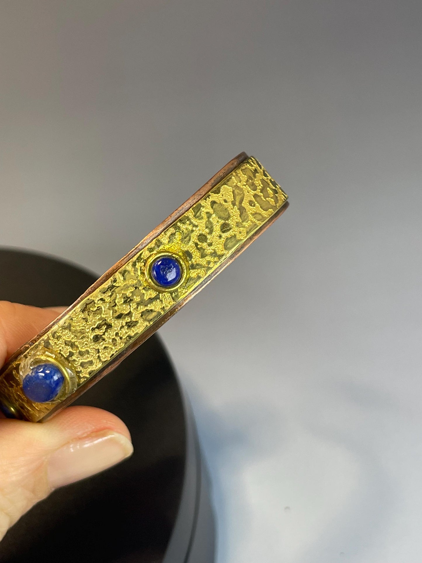 Bold Gilded Copper Cuff Bracelet with Lovely Blue Stones  2.5 Wide