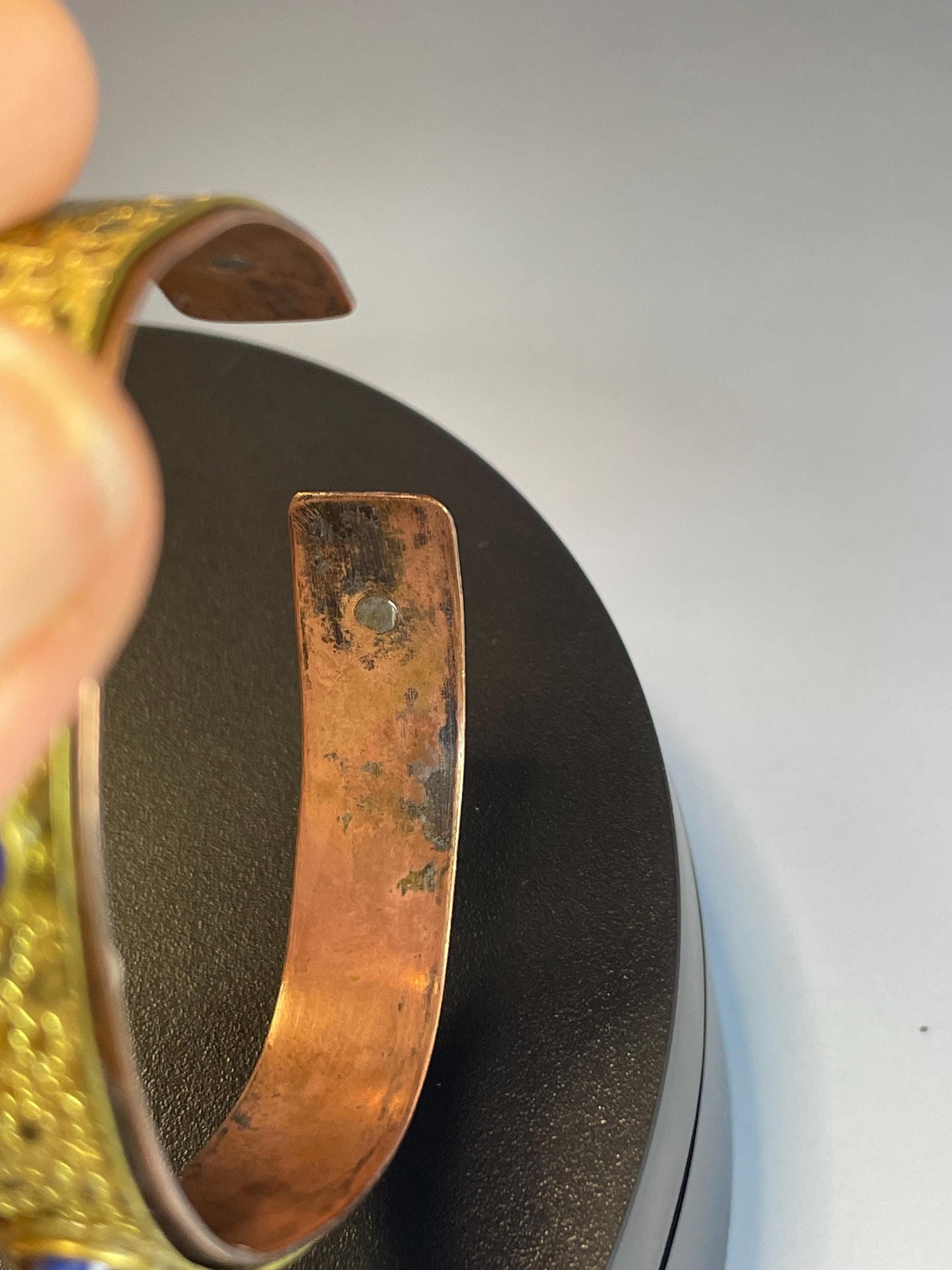 Bold Gilded Copper Cuff Bracelet with Lovely Blue Stones  2.5 Wide