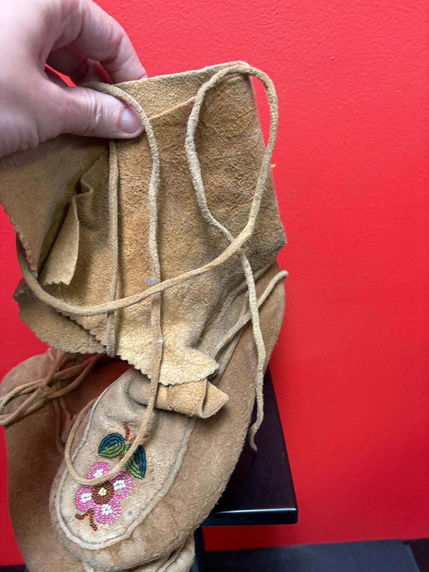 Beautiful antique indigenous, first nations, leather and beaded moccasin boots 7 x 10 long  as is  decorative only