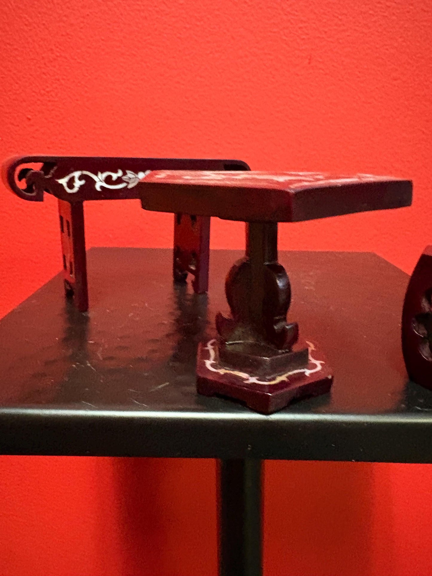 Antique Chinese Rosewood dollhouse dining furniture with mother of Pearl inlay  wow