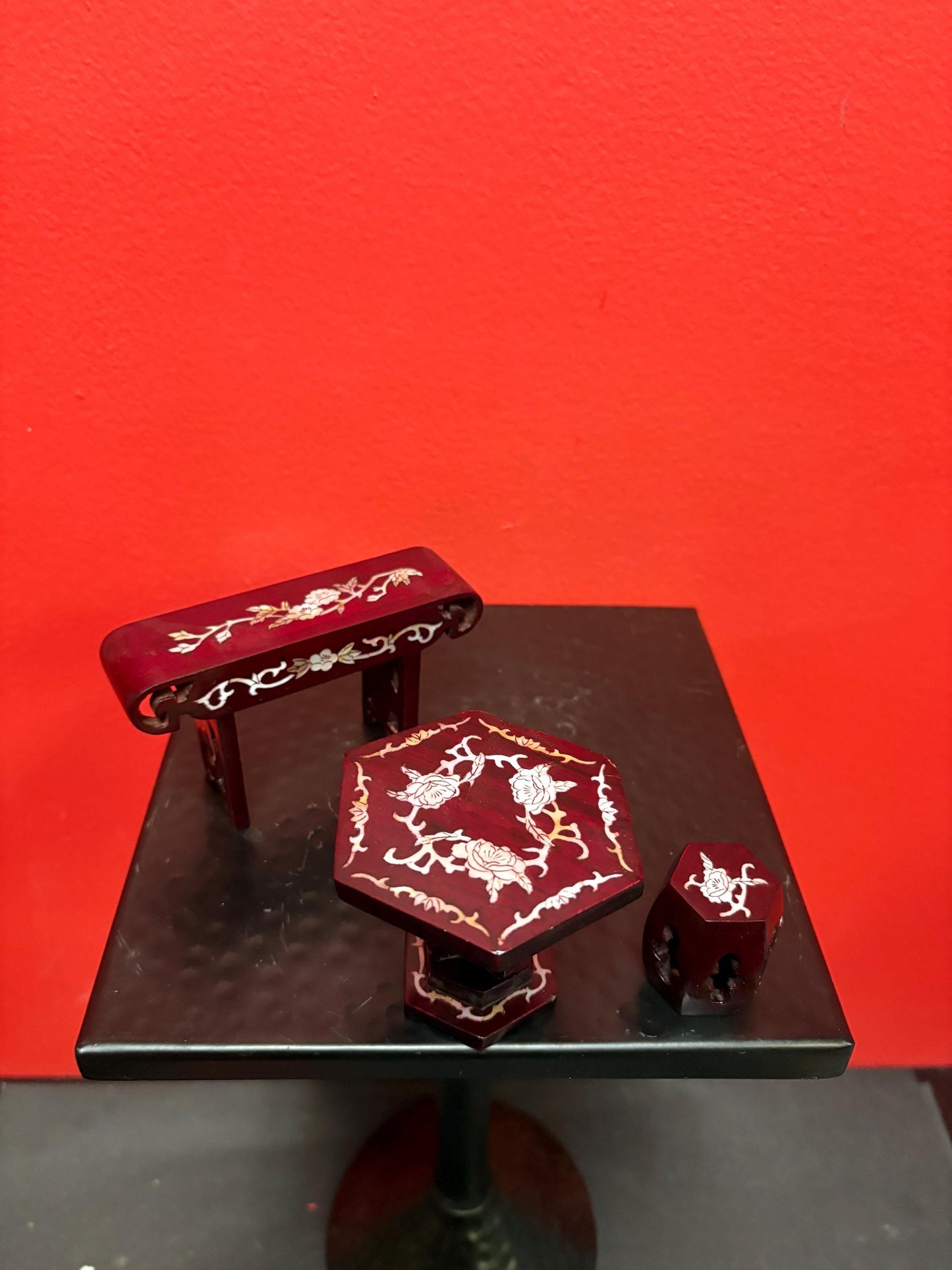 Antique Chinese Rosewood dollhouse dining furniture with mother of Pearl inlay  wow