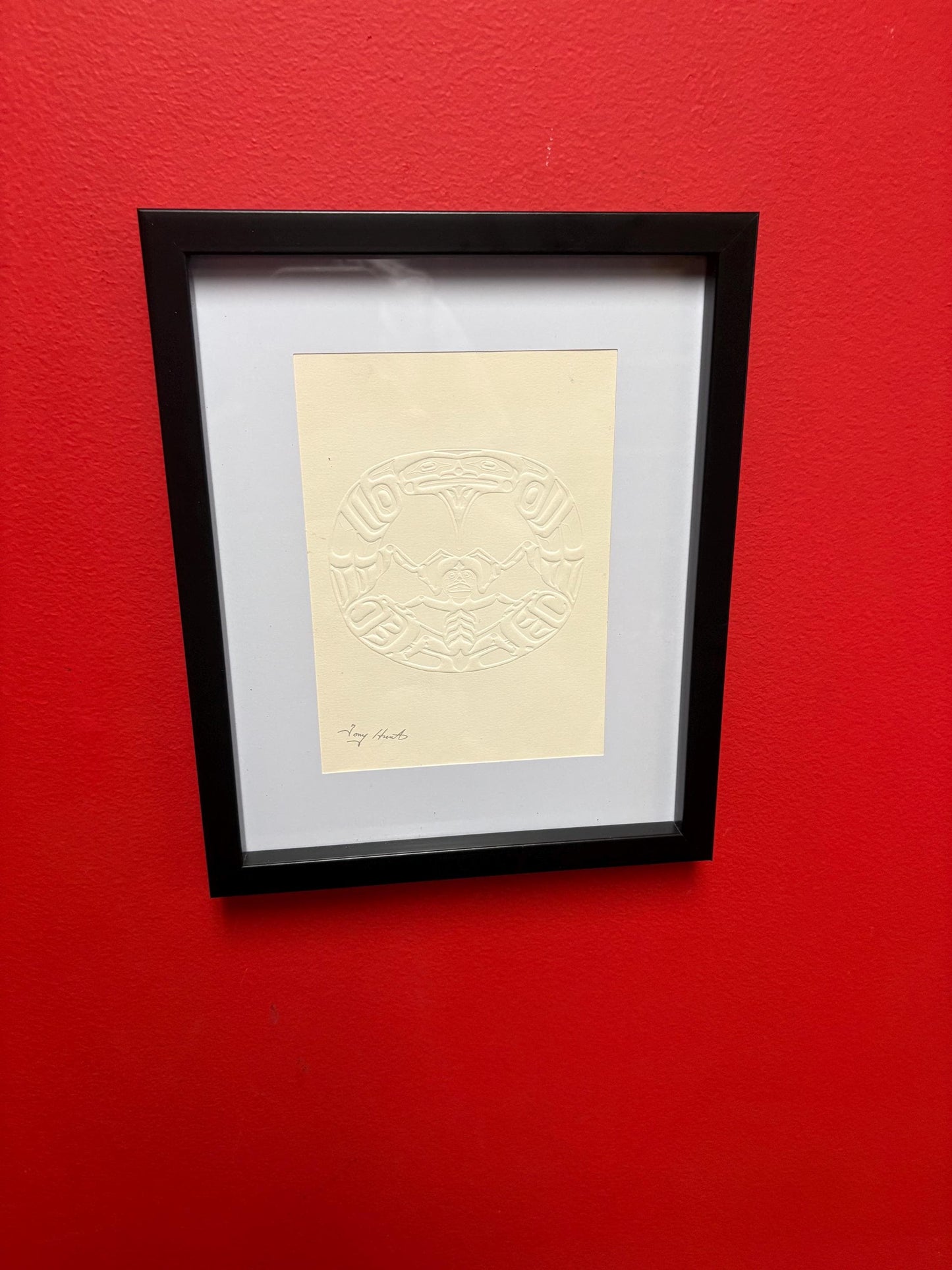 Signed Tony Hunt print card in frame  indigenous first nations  5 x 7 inch card in 11 x 9 frame  great look