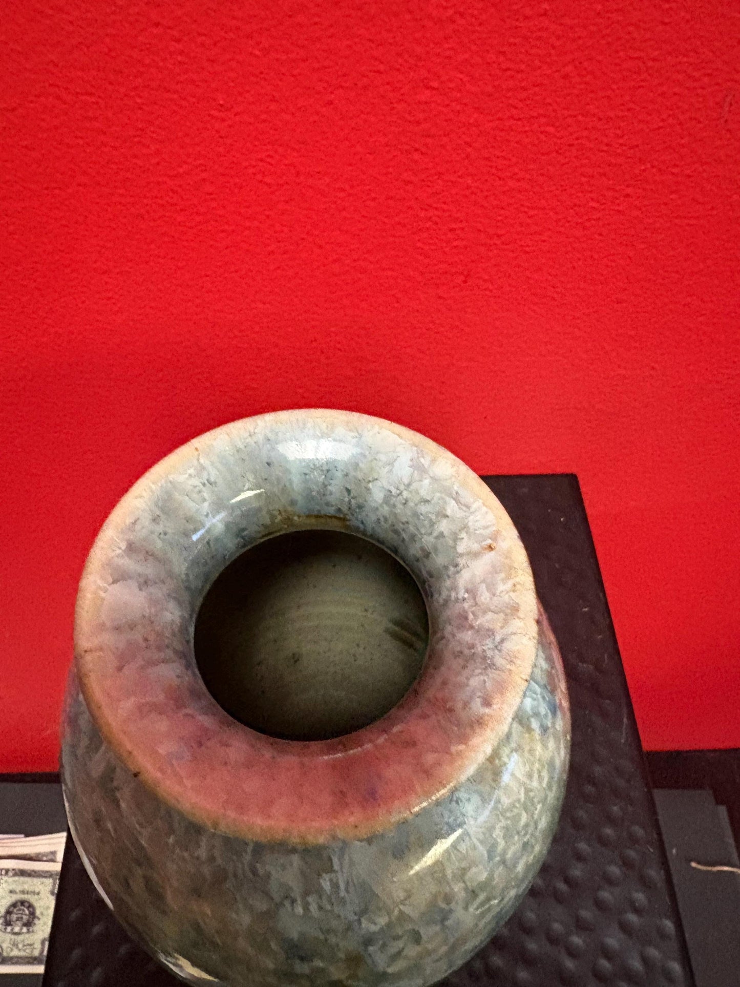 Canadian signed studio pottery 6 inch vase with amazing glaze  dynamite colour  great value