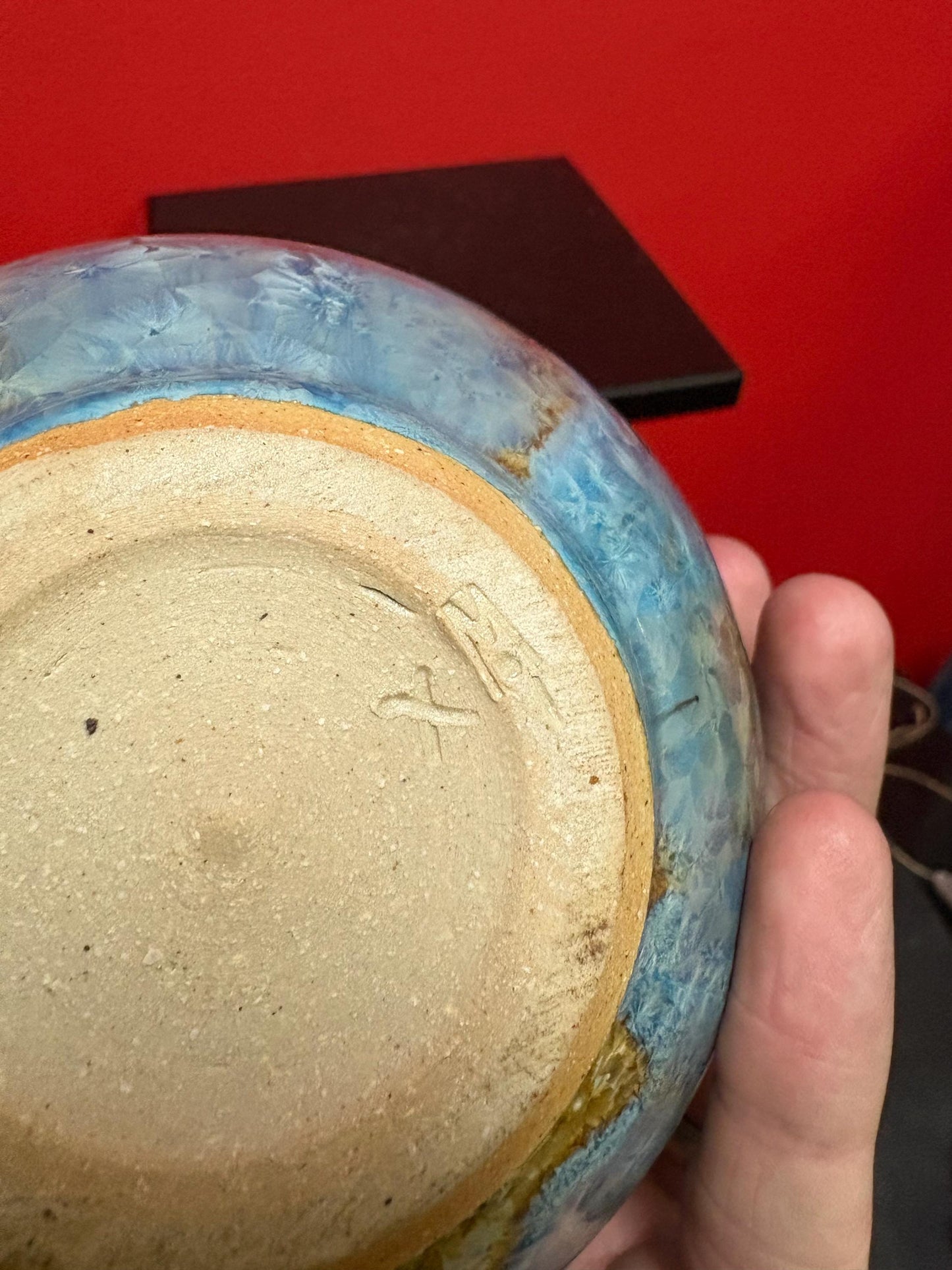 Canadian signed studio pottery 6 inch vase with amazing glaze  dynamite colour  great value