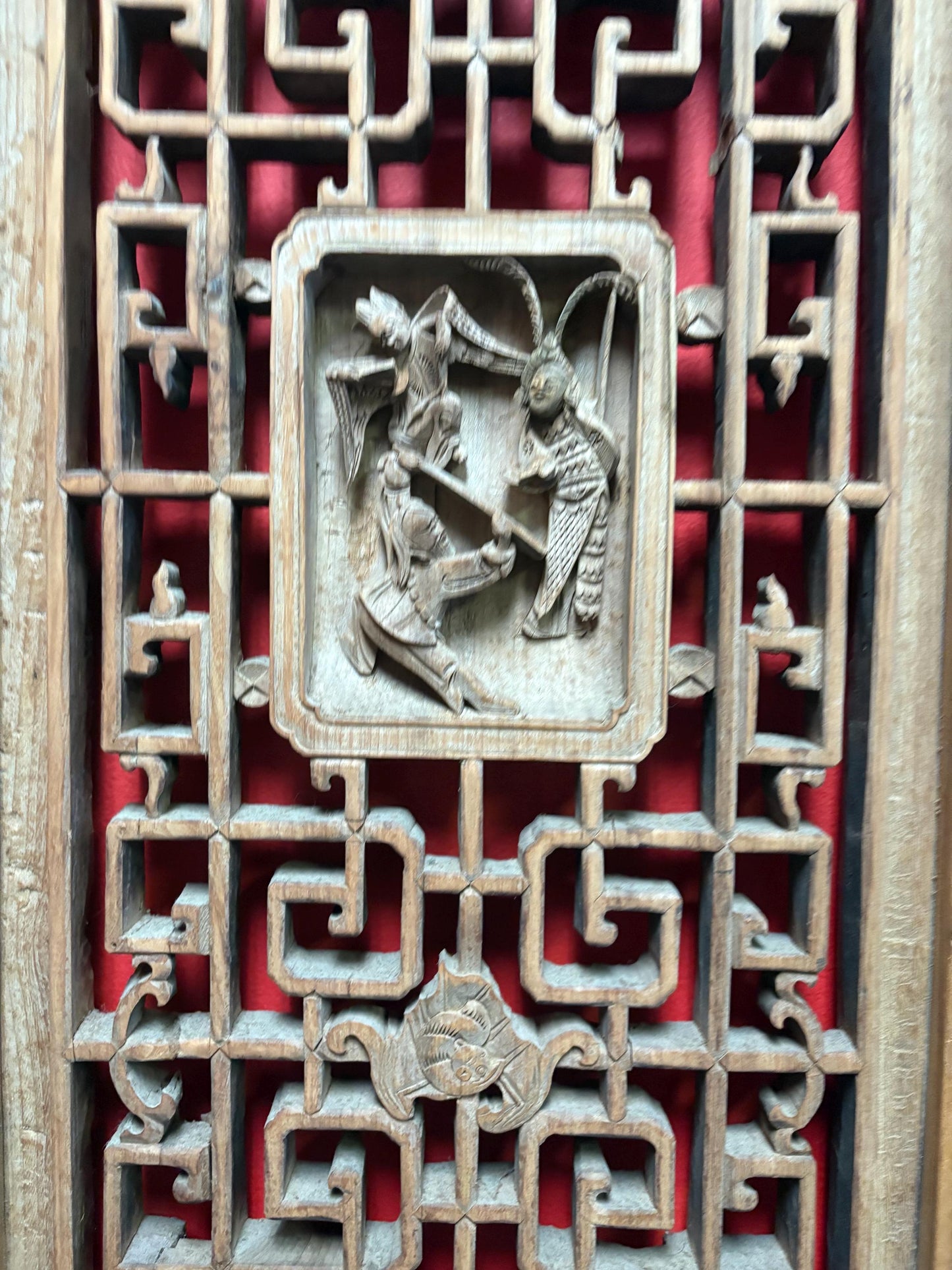 stunning antique Chinese hanging carved  plaque intricate detail and signed them back  34 x 15 x 1.5 thick   unreal Chinese art