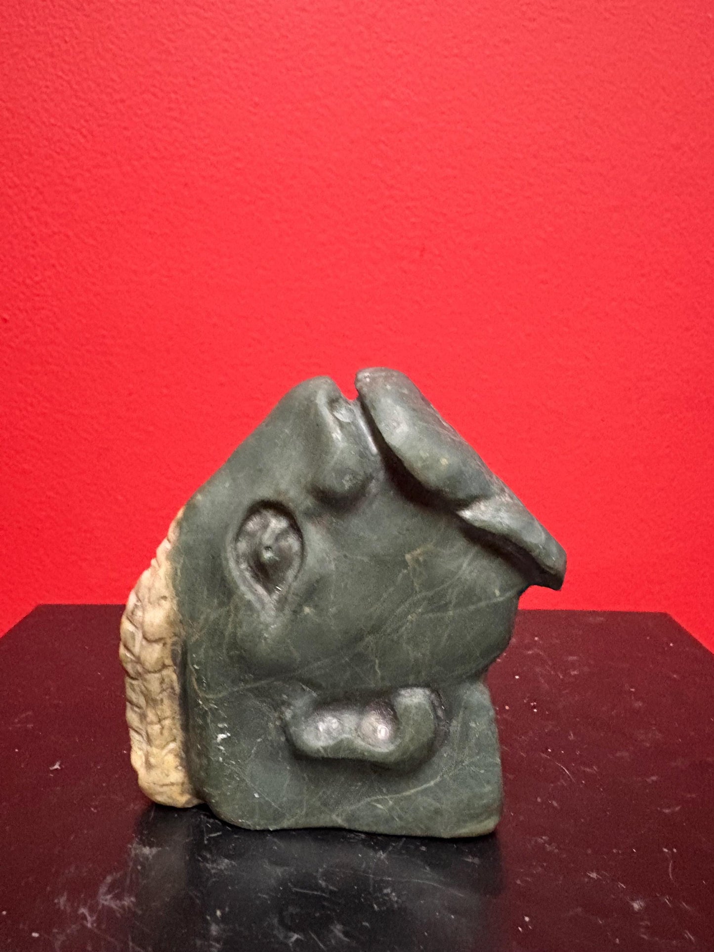 Mutton fat jade and spinach Jade 3 inch carved face  very cool and unusual - signed