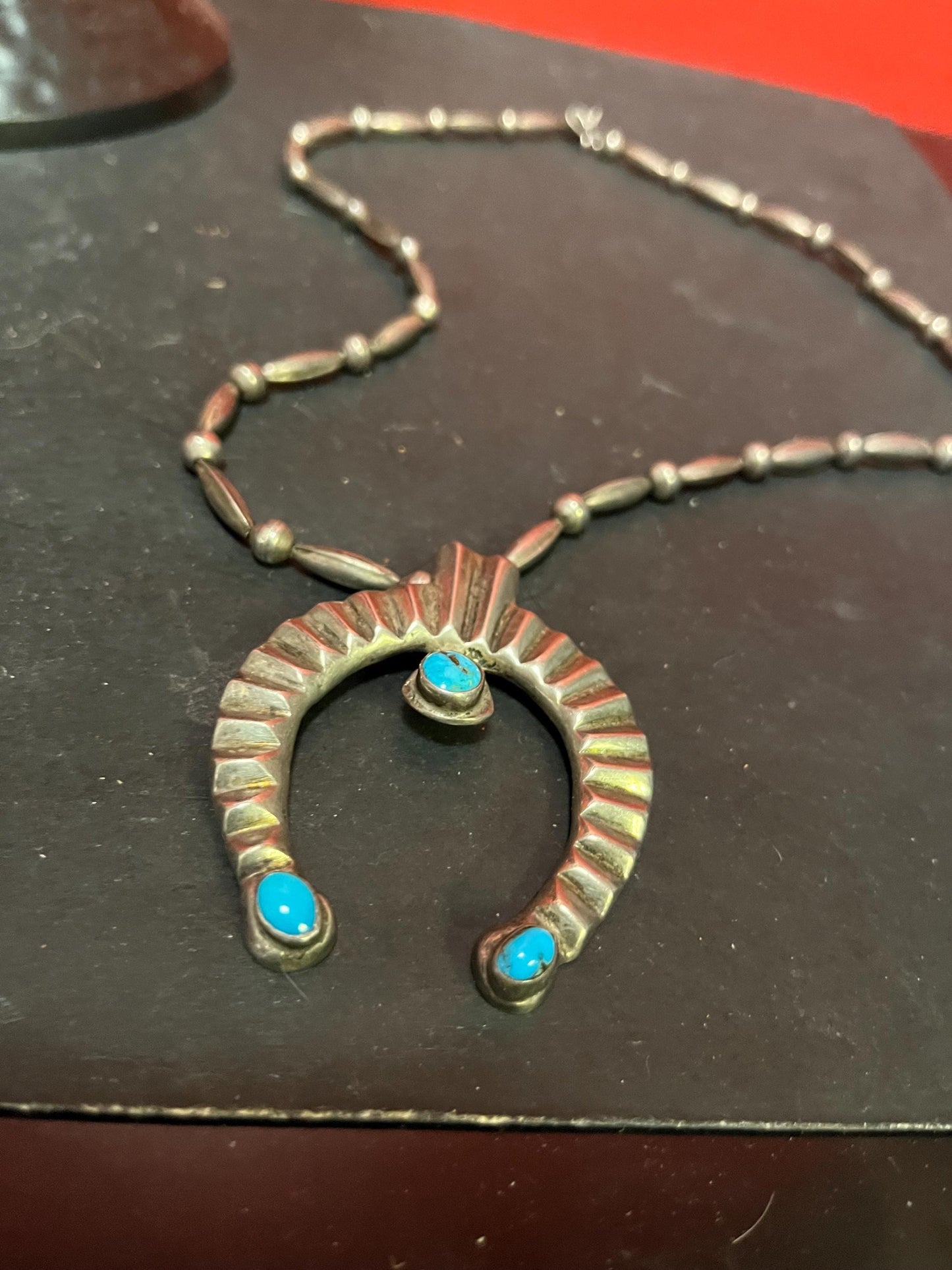 Stunning authentic antique sterling and turquoise Navajo squash blossom pendant with necklace - necklace 22 inches approx and pendant 2.5