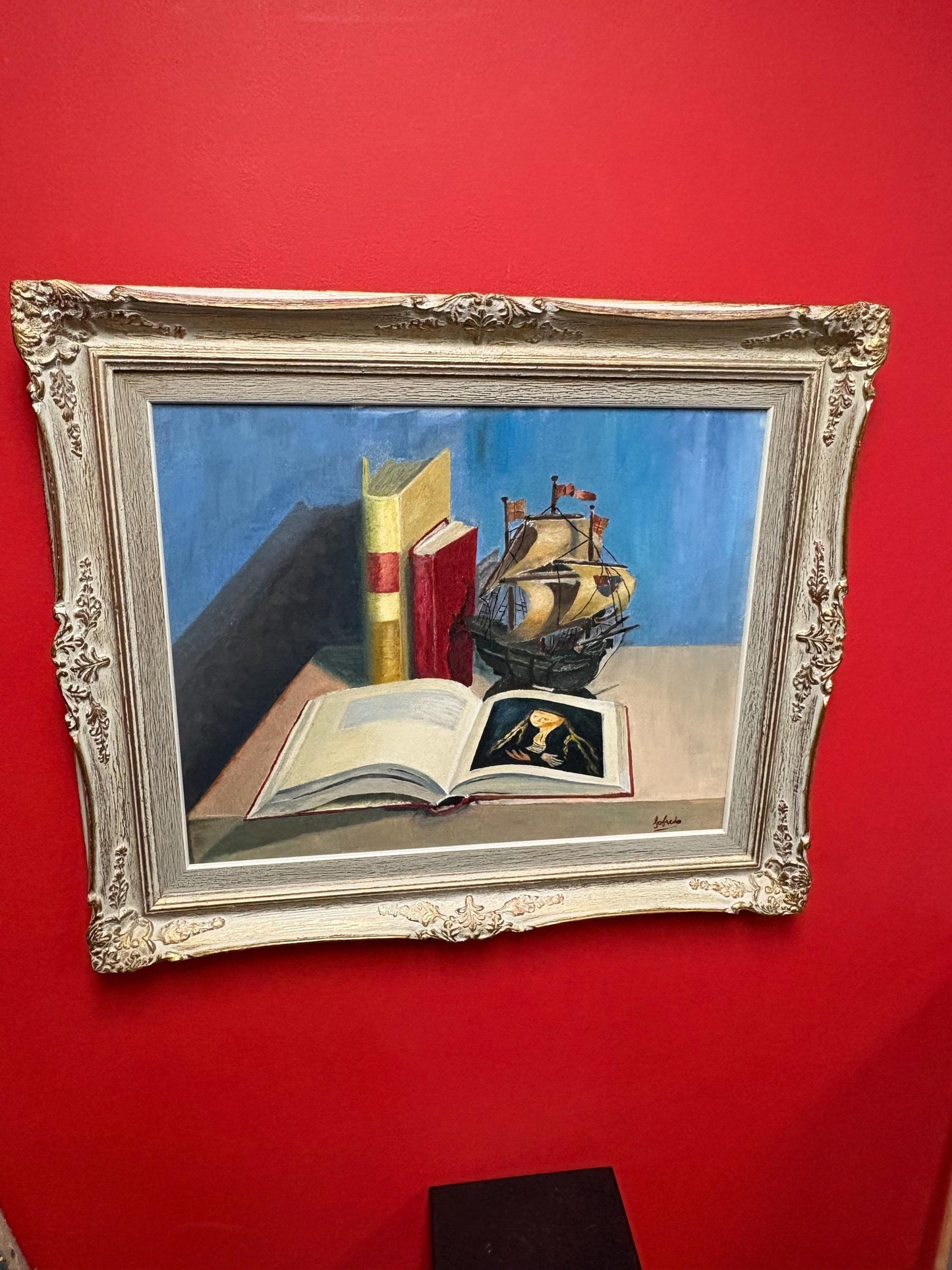 26 x 22 acrylic on board still life painting of Books and ship  signed and approx 1950s  wonderful frame  great imagery cabin or office