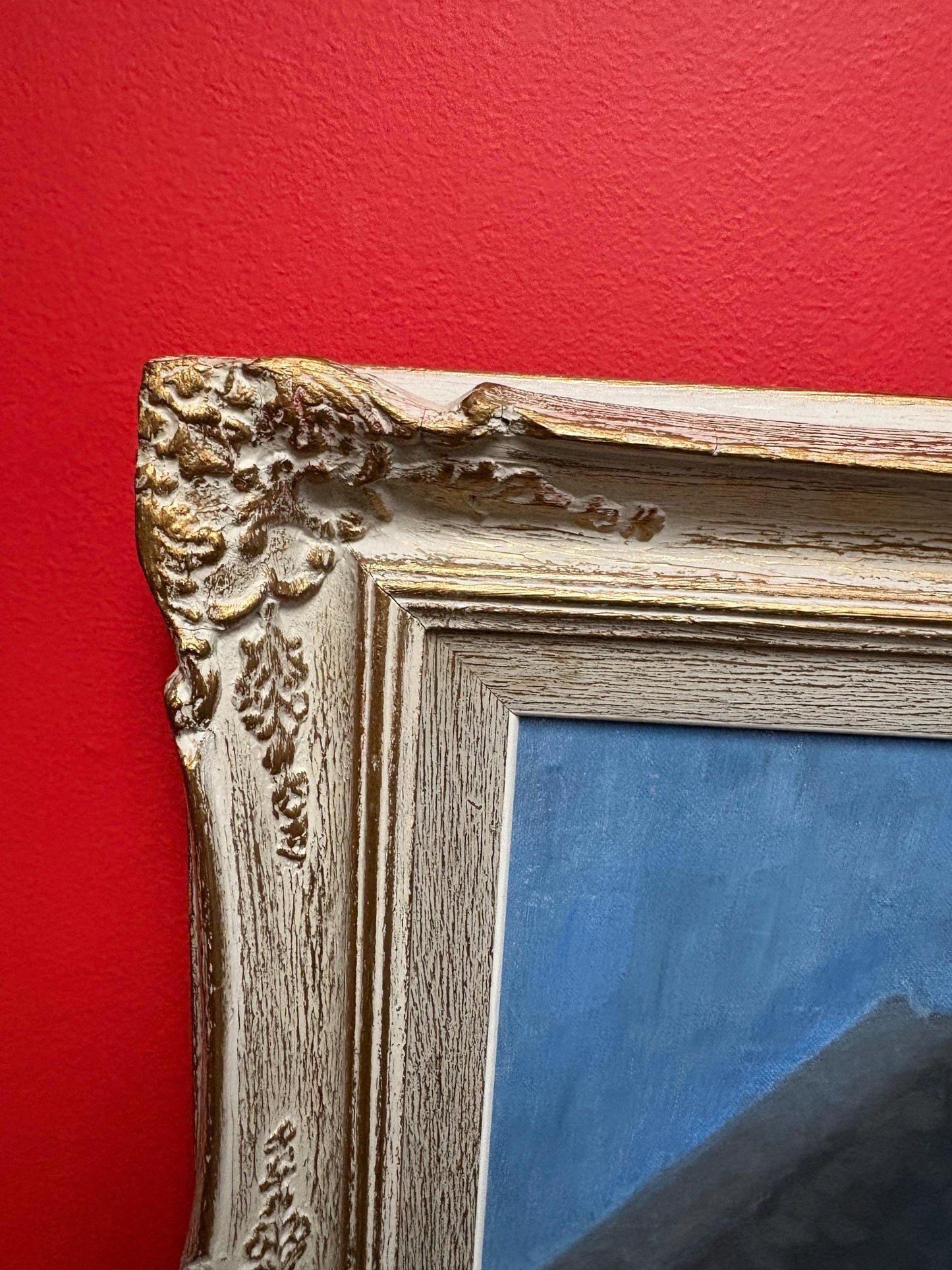 26 x 22 acrylic on board still life painting of Books and ship  signed and approx 1950s  wonderful frame  great imagery cabin or office