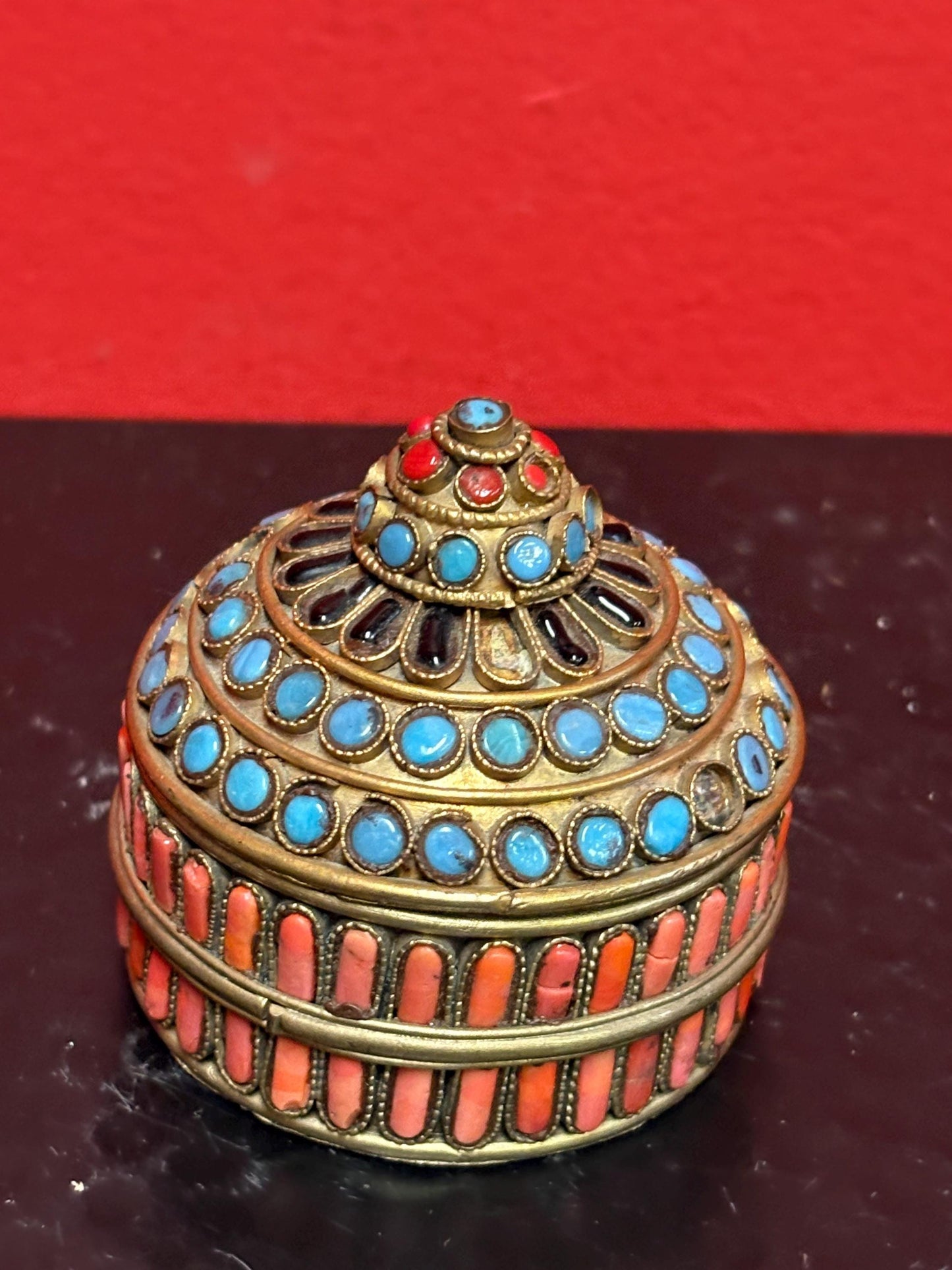Beautiful turquoise coral and brass box  2 x 2 1/2“ tall  missing couple stones  great value