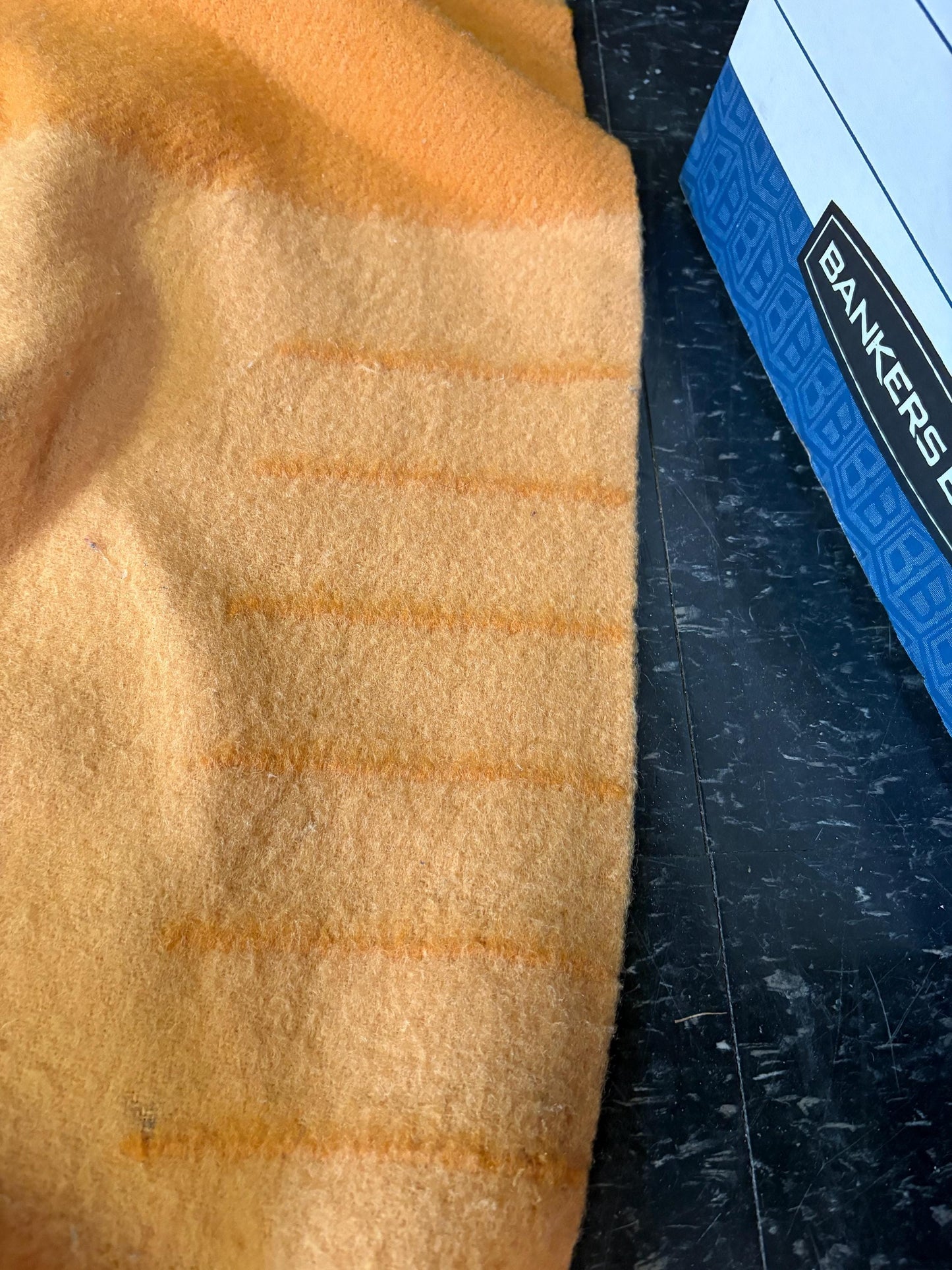 Sexy HBC Hudson Bay 6 stripe approximately 92 x 84 yellow wool blanket   antique iconic with original label in new condition - wow