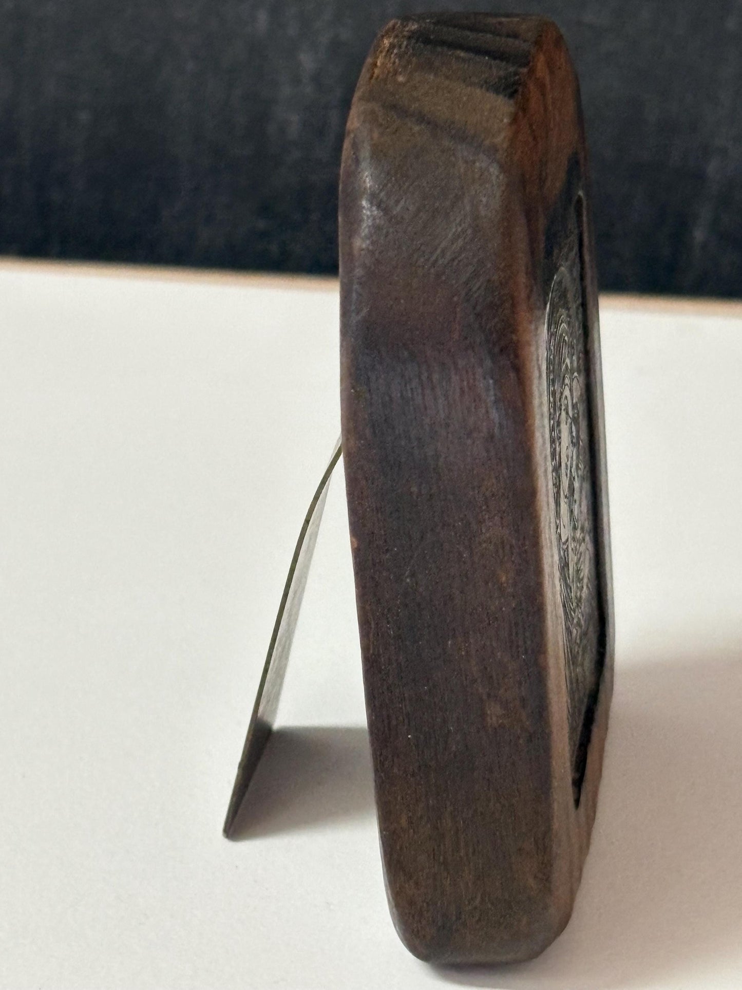 Absolutely wonderful antique  European bronze and wooden icon with stand  intricate detail  3 inches tall - powerful piece