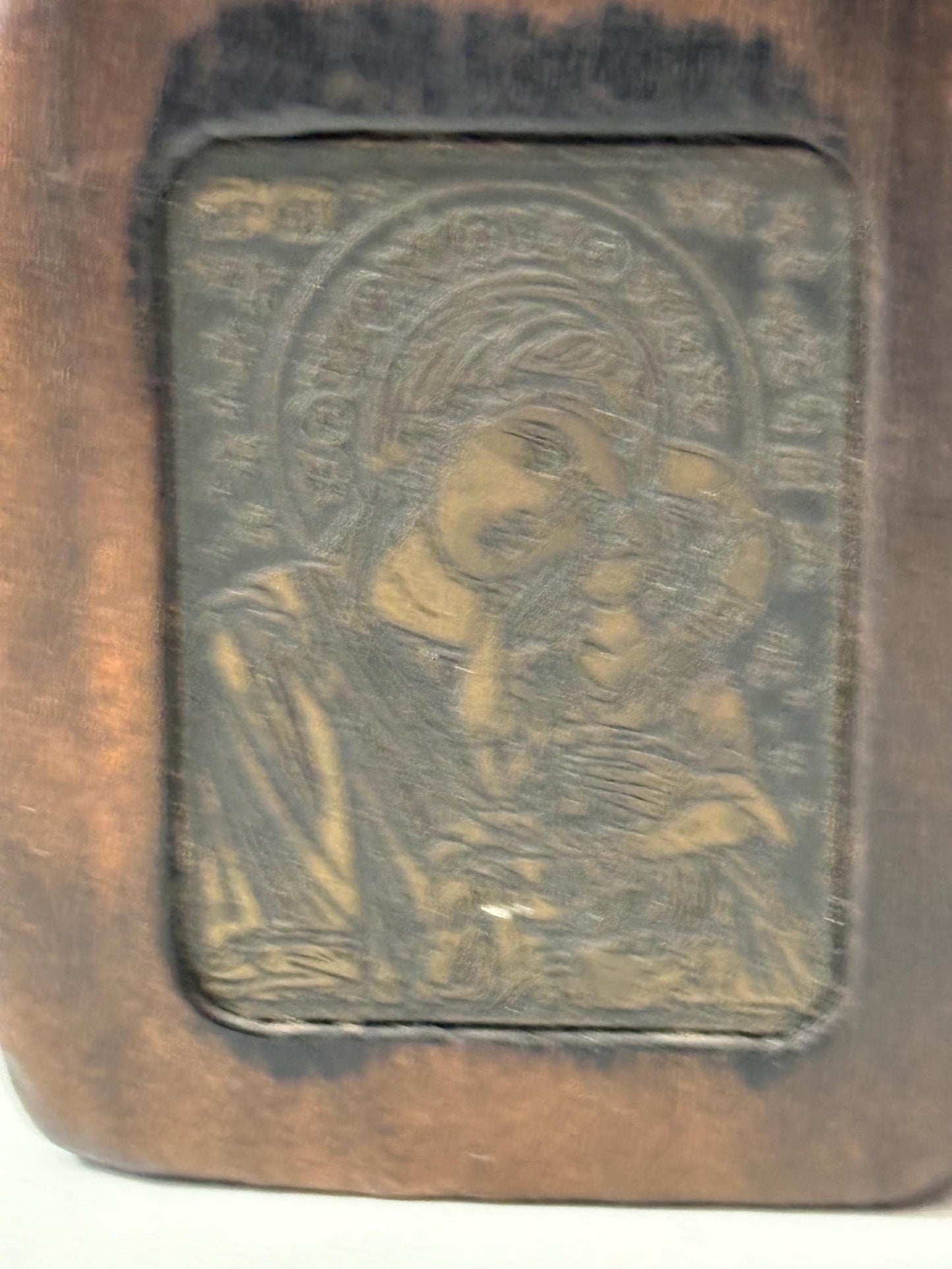 Absolutely wonderful antique  European bronze and wooden icon with stand  intricate detail  3 inches tall - powerful piece