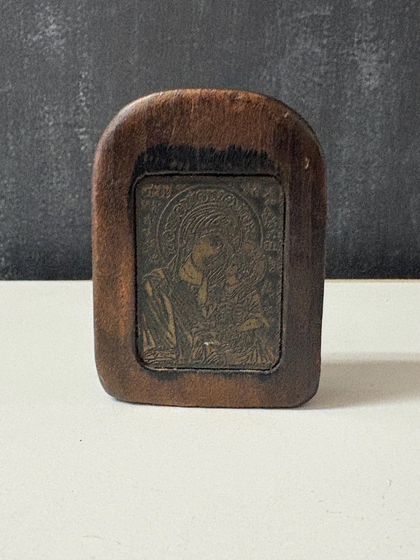 Absolutely wonderful antique  European bronze and wooden icon with stand  intricate detail  3 inches tall - powerful piece