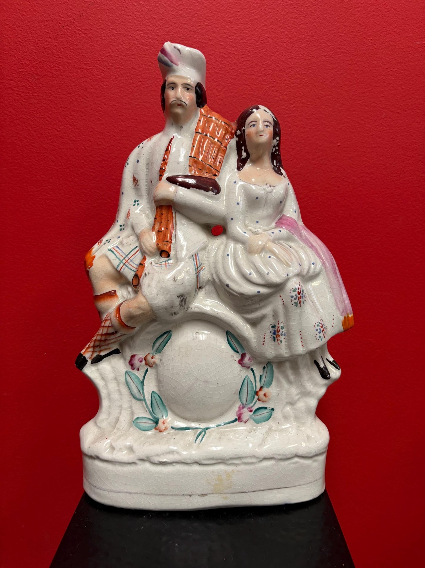 Beautiful antique English Staffordshire flatback statue of a couple  14 x 8 wide  good condition for age