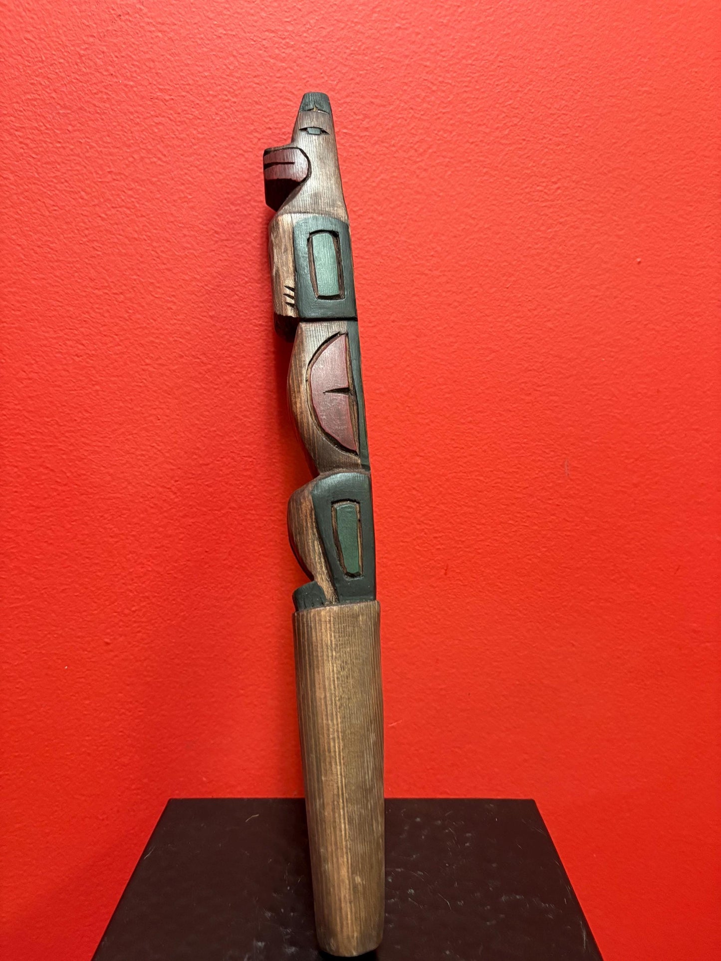 Beautiful indigenous first Pacific Northwest Coast 14 inch talking stick by Frank and Dora Frenchie Vancouver Island bear symbolism