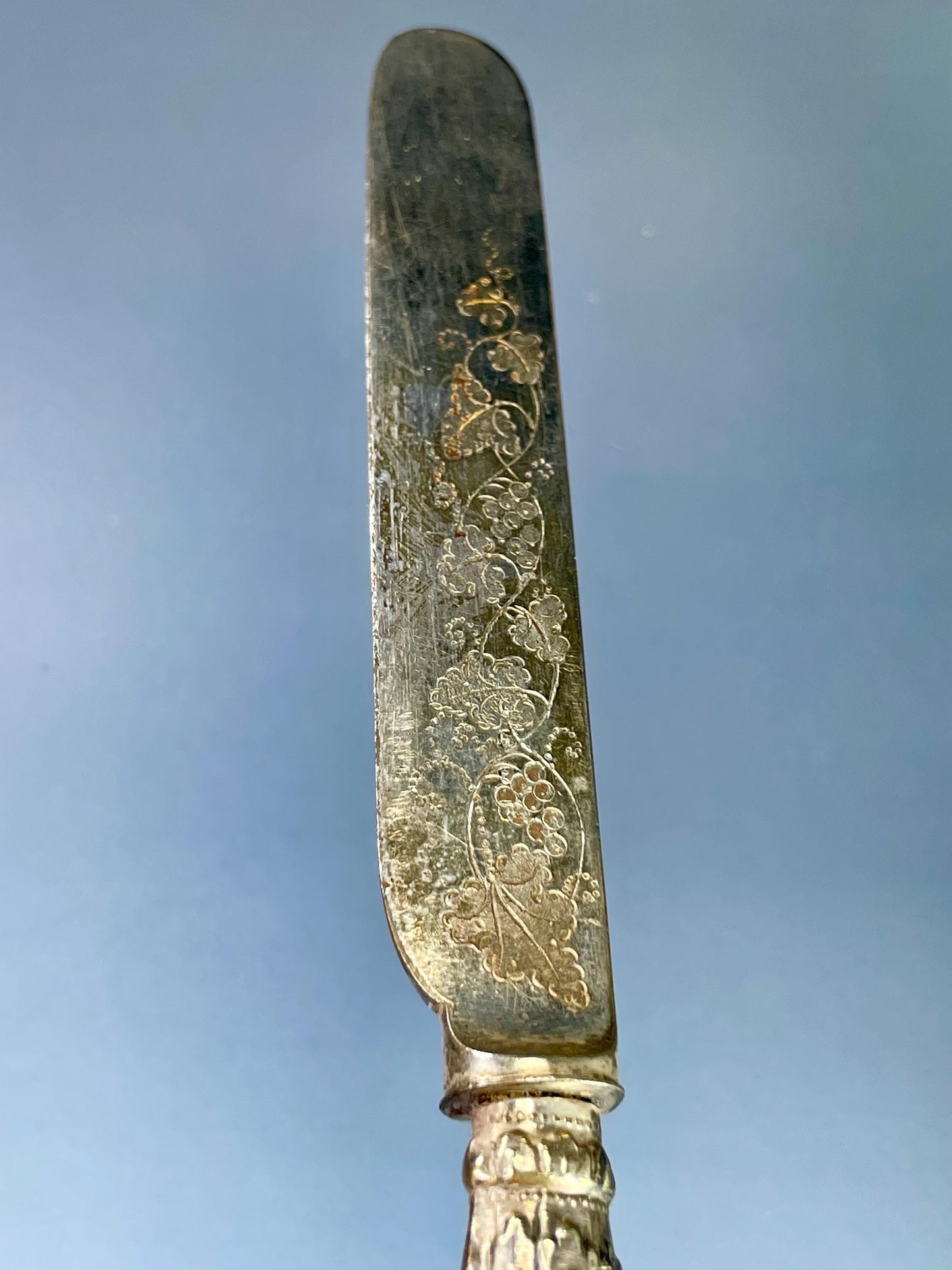 Silver-Plated Butter Knife with Etched Blade & Mother-of-Pearl Handle