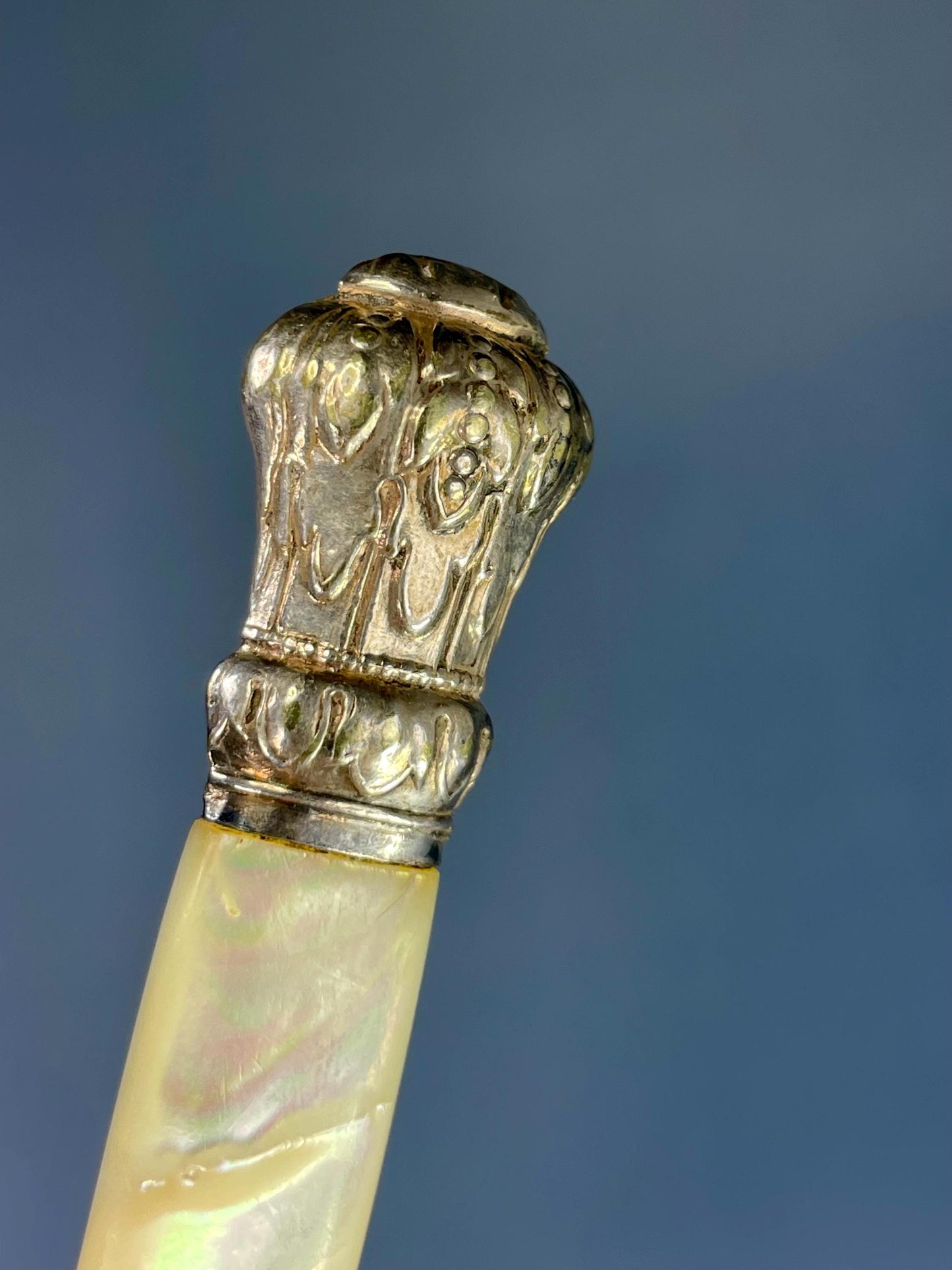 Silver-Plated Butter Knife with Etched Blade & Mother-of-Pearl Handle