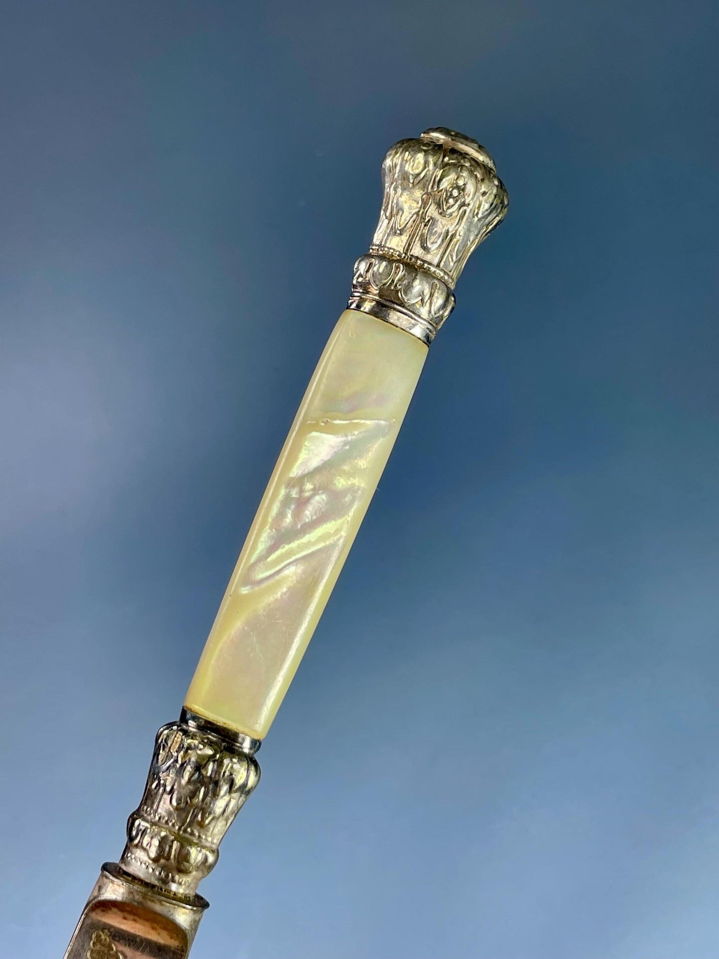 Silver-Plated Butter Knife with Etched Blade & Mother-of-Pearl Handle