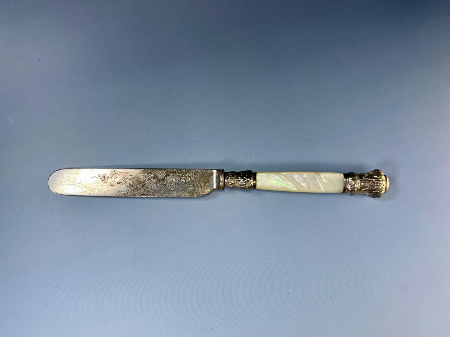 Silver-Plated Butter Knife with Etched Blade & Mother-of-Pearl Handle