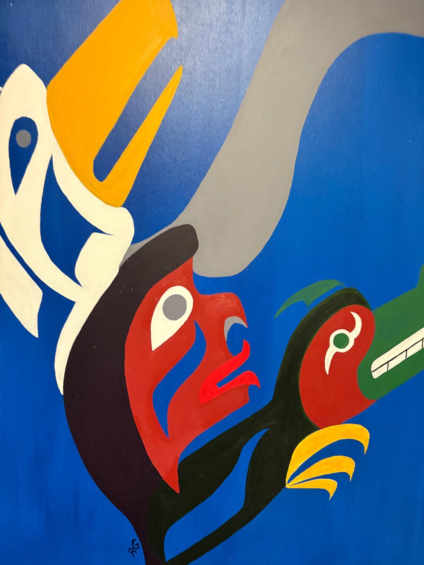 Stunning indigenous first nations Pacific Northwest Coast 40 x 30 acrylic painting on canvas Signed RG  wonderful imagery