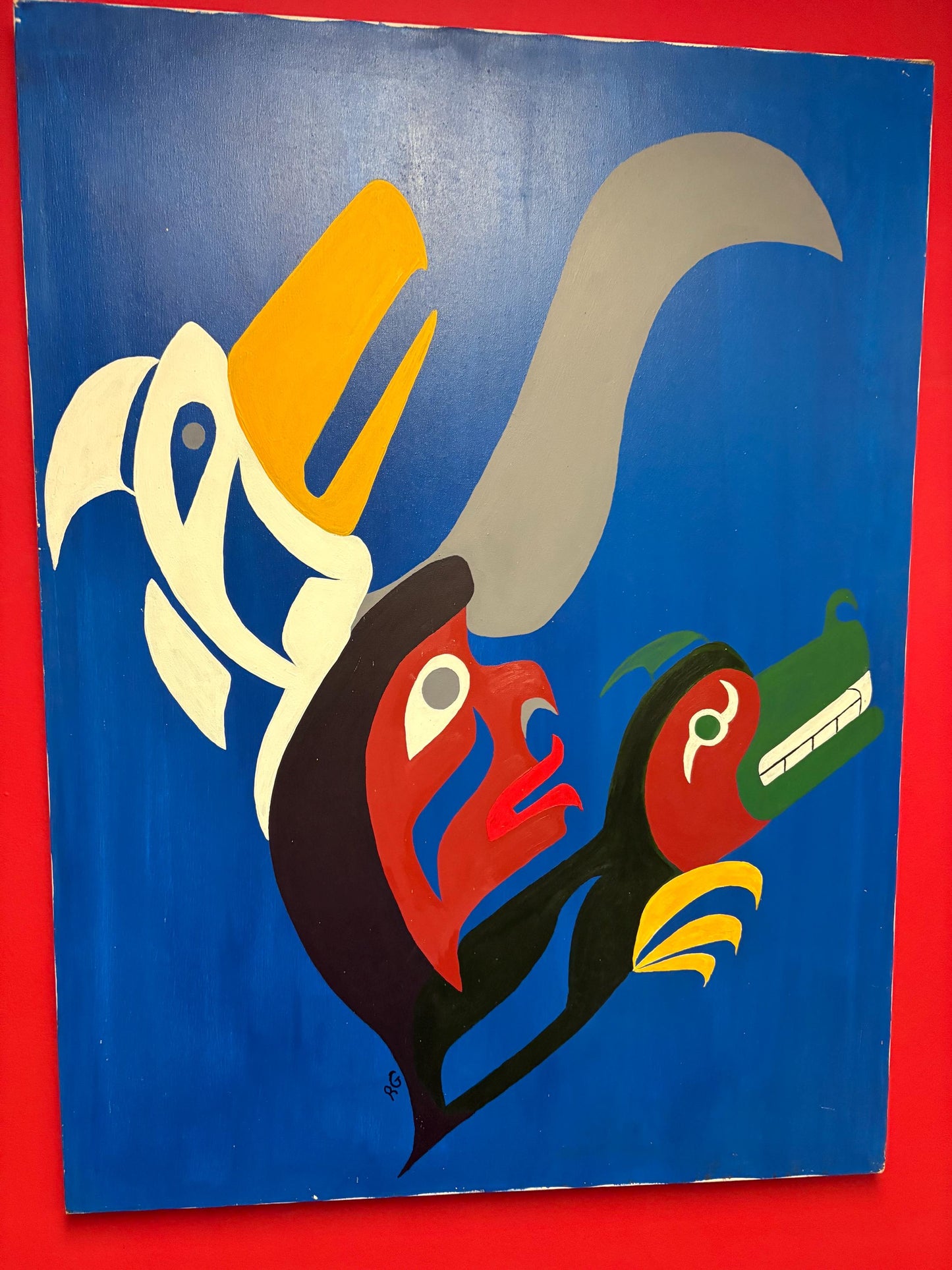 Stunning indigenous first nations Pacific Northwest Coast 40 x 30 acrylic painting on canvas Signed RG  wonderful imagery