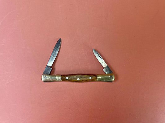 Vintage Wood and Brass Handled Pocket Knife with Dual Blades