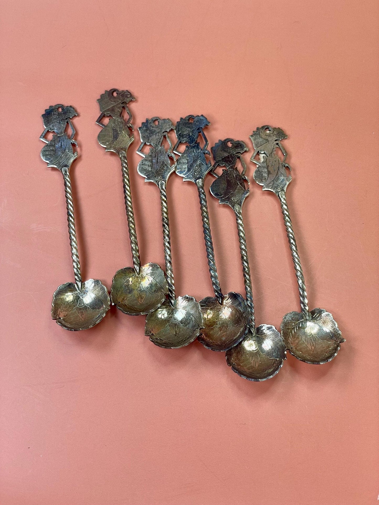 A  Beautiful set of six Asian silver spoons  great value and need polish- perfect gift - tea time