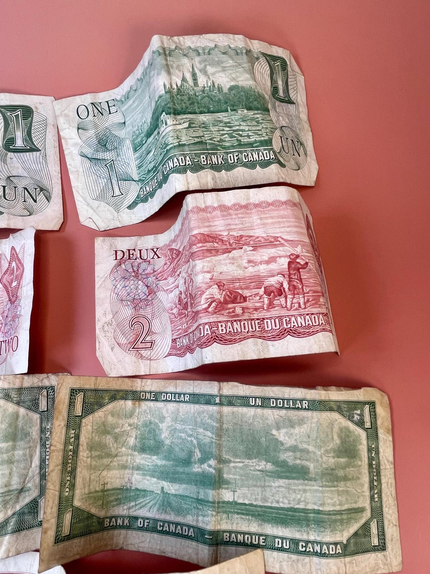 Old Canadian currency One and Two Dollar Bills