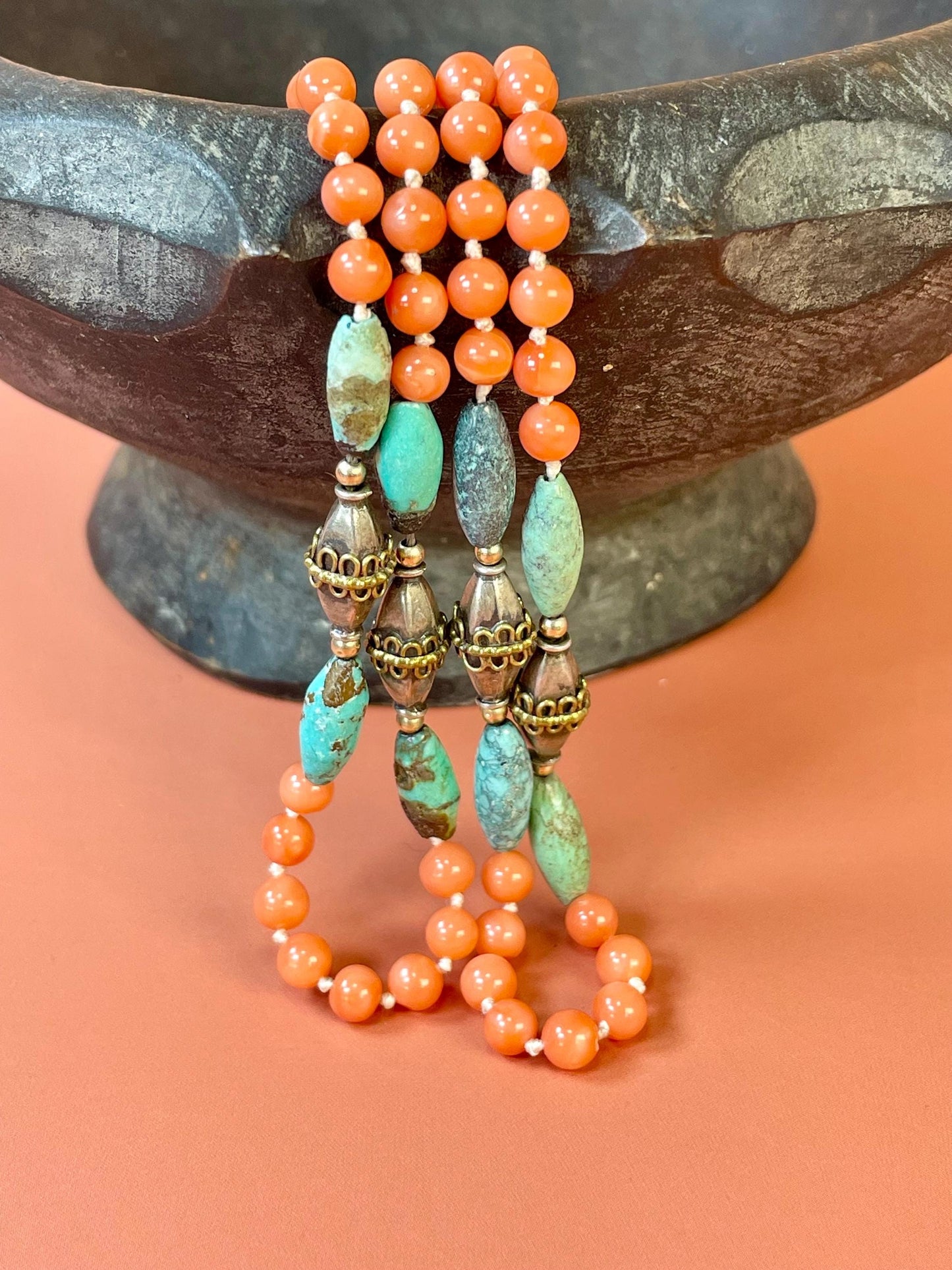 Antique Chinese Silver Coral and Turquoise Necklace