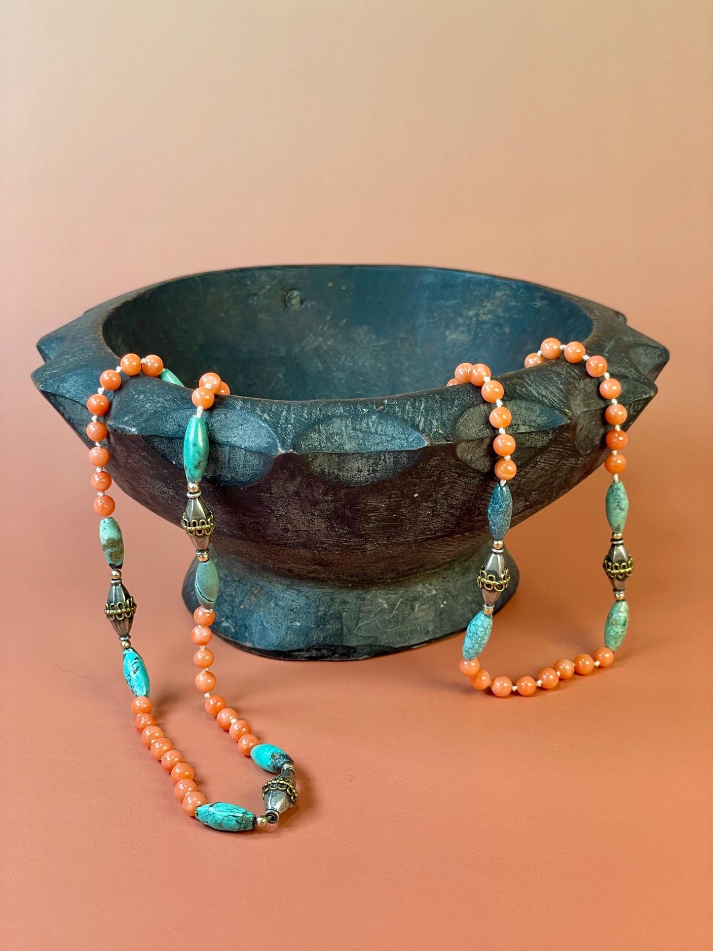 Antique Chinese Silver Coral and Turquoise Necklace