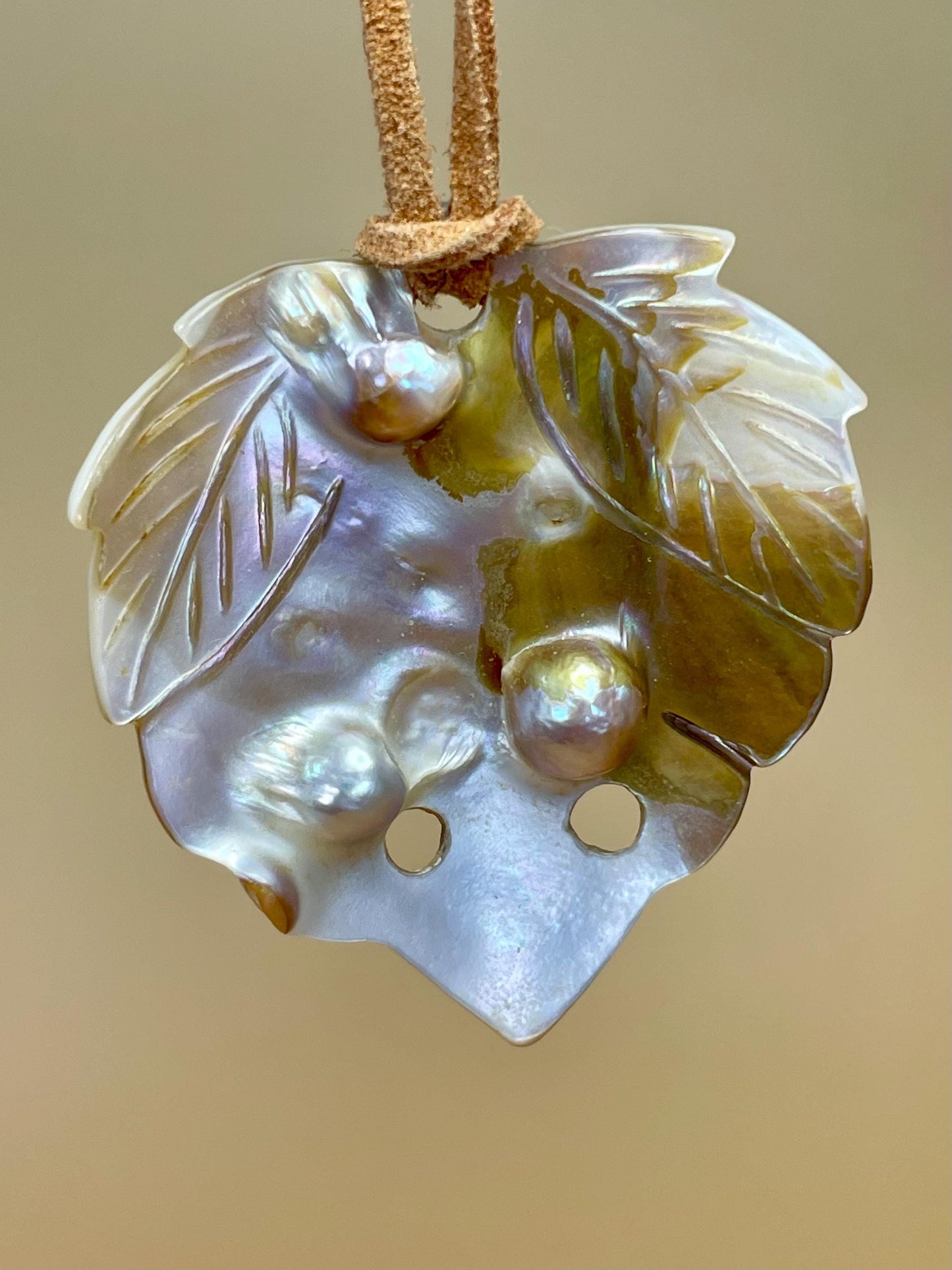 Oyster shell Pendant Necklace with 3 Natural Black Pearls  2.5 Pendant