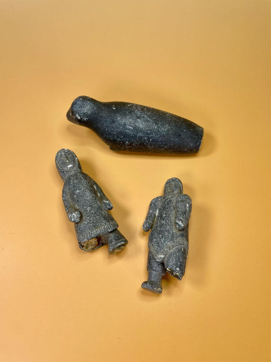 3 Indigenous Inuit soapstone carvings  all three broken, so see photos and priced low accordingly