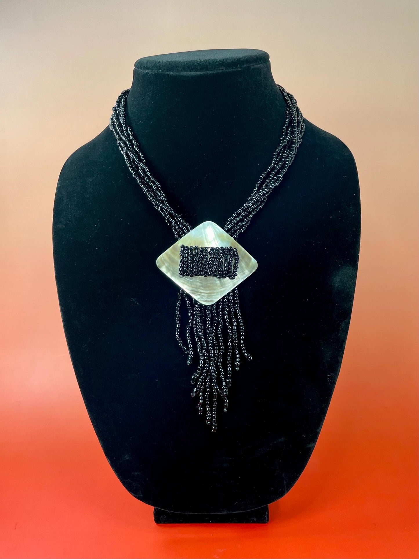 Vintage Black Bead and Shell Pendant Necklace