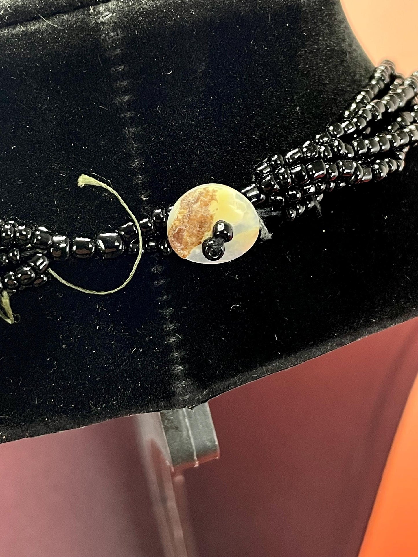 Vintage Black Bead and Shell Pendant Necklace