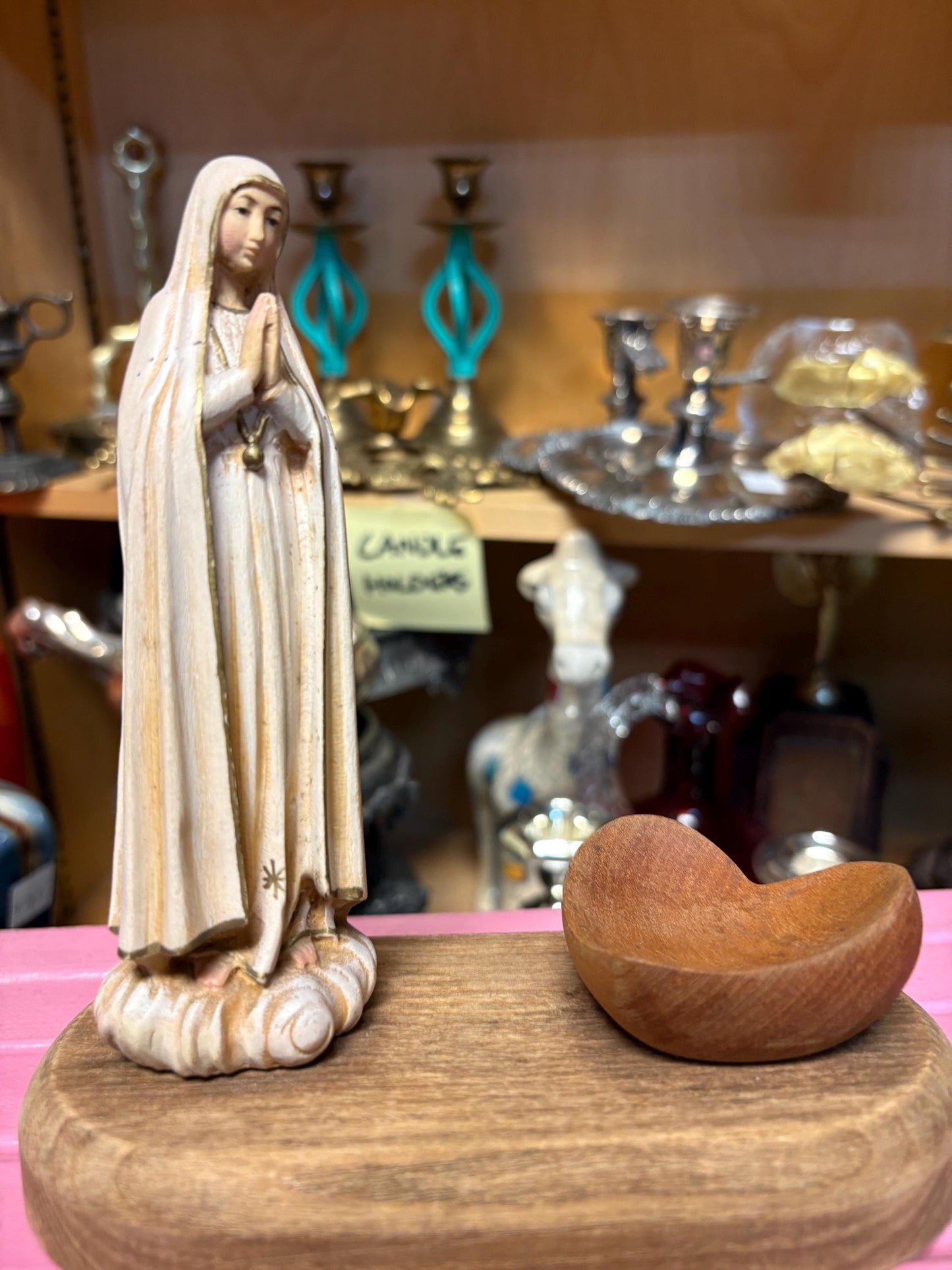 Intricate detailed wooden Madonna and heart dish on stand  amazing piece and great gift  good value 6 1/2 x 6“ long