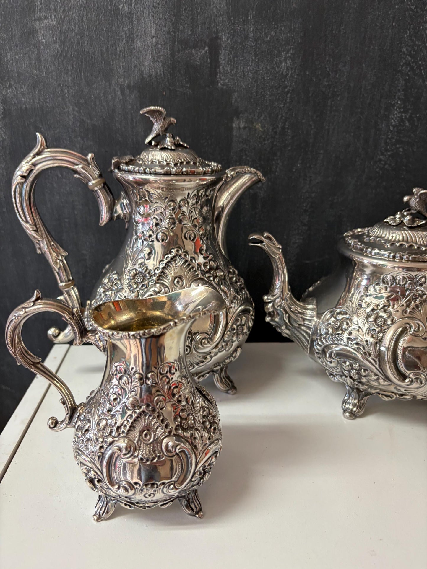 Fabulous antique silver plated coffee and tea service with hot water kettle on stand  amazing condition  one of a kind set  wow  serve!!