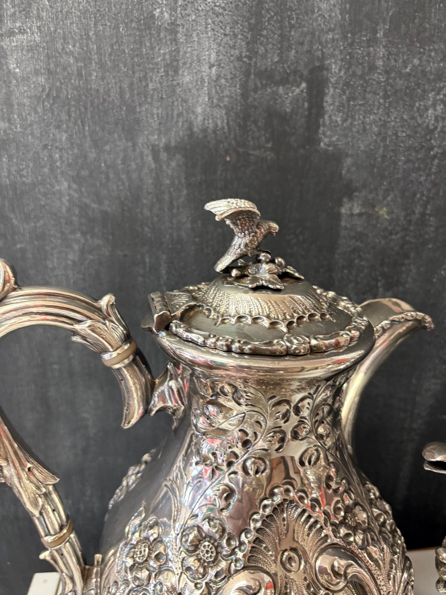 Fabulous antique silver plated coffee and tea service with hot water kettle on stand  amazing condition  one of a kind set  wow  serve!!