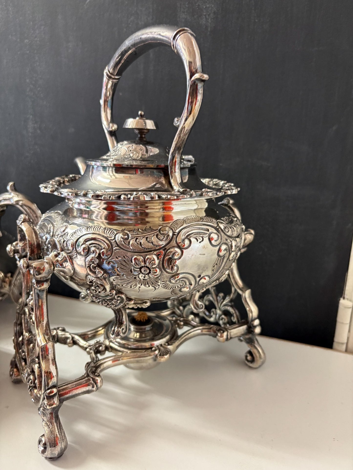 Fabulous antique silver plated coffee and tea service with hot water kettle on stand  amazing condition  one of a kind set  wow  serve!!