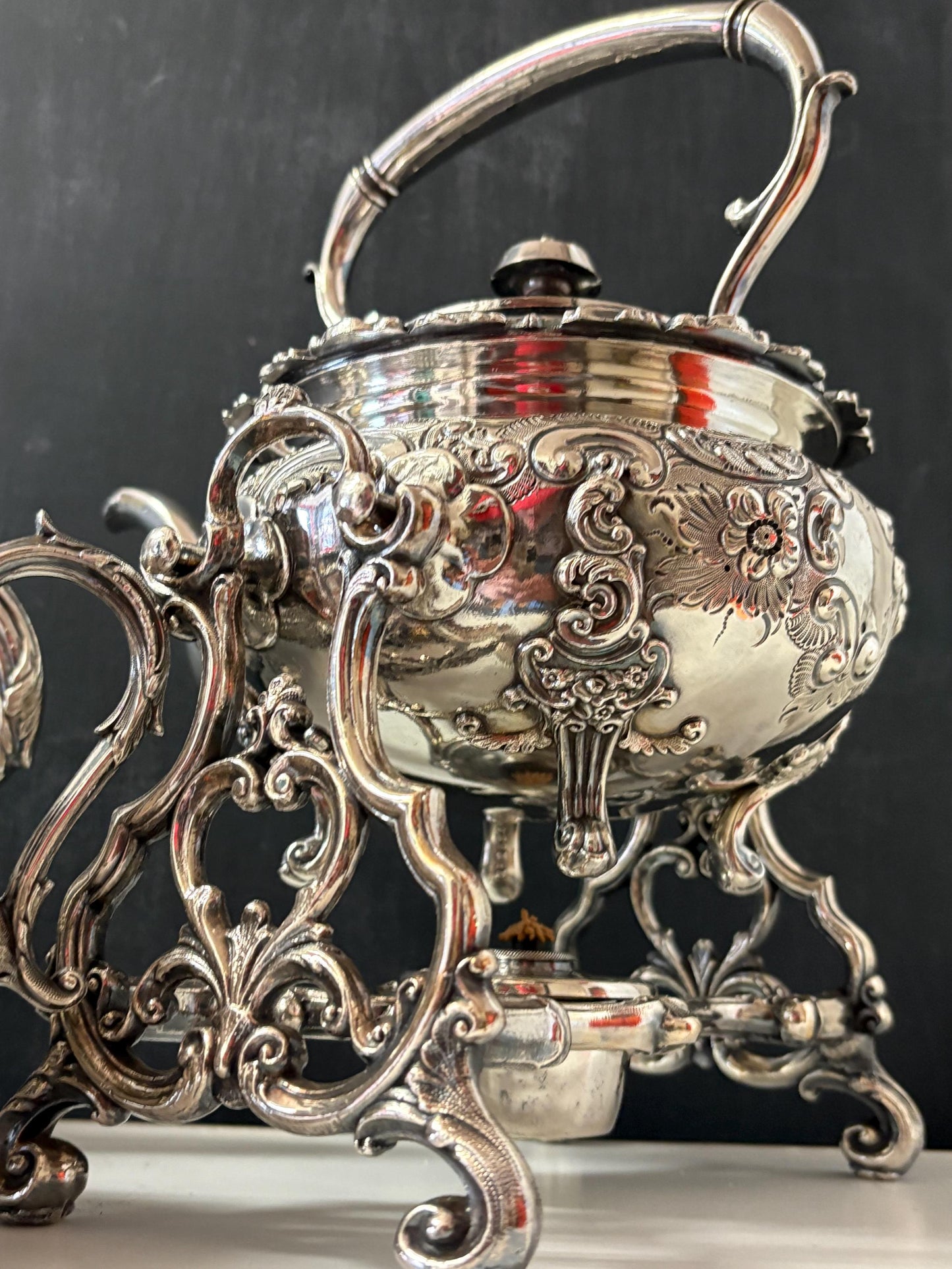 Fabulous antique silver plated coffee and tea service with hot water kettle on stand  amazing condition  one of a kind set  wow  serve!!