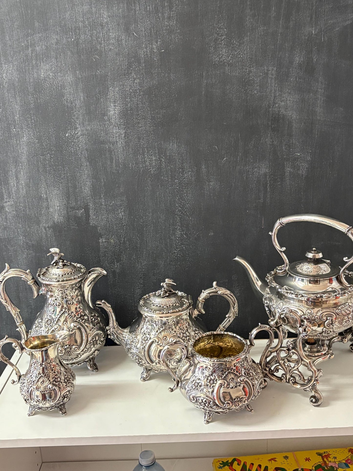 Fabulous antique silver plated coffee and tea service with hot water kettle on stand  amazing condition  one of a kind set  wow  serve!!