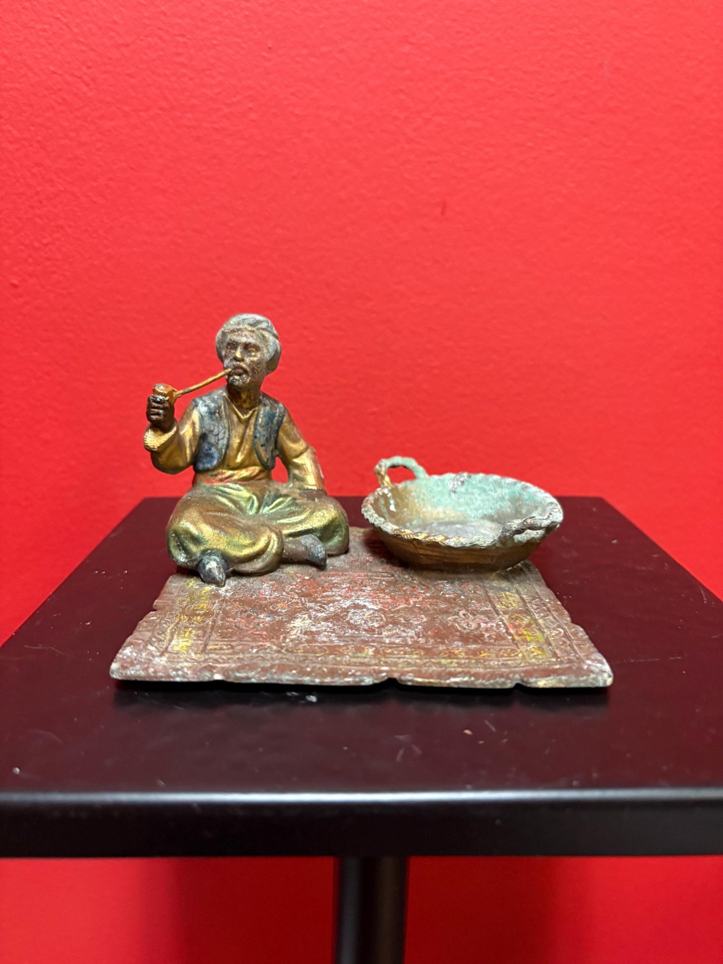 Beautiful 4 x 3 inch Austrian bronze spelter Arabic on carpet statue  antique condition see photos  amazing price