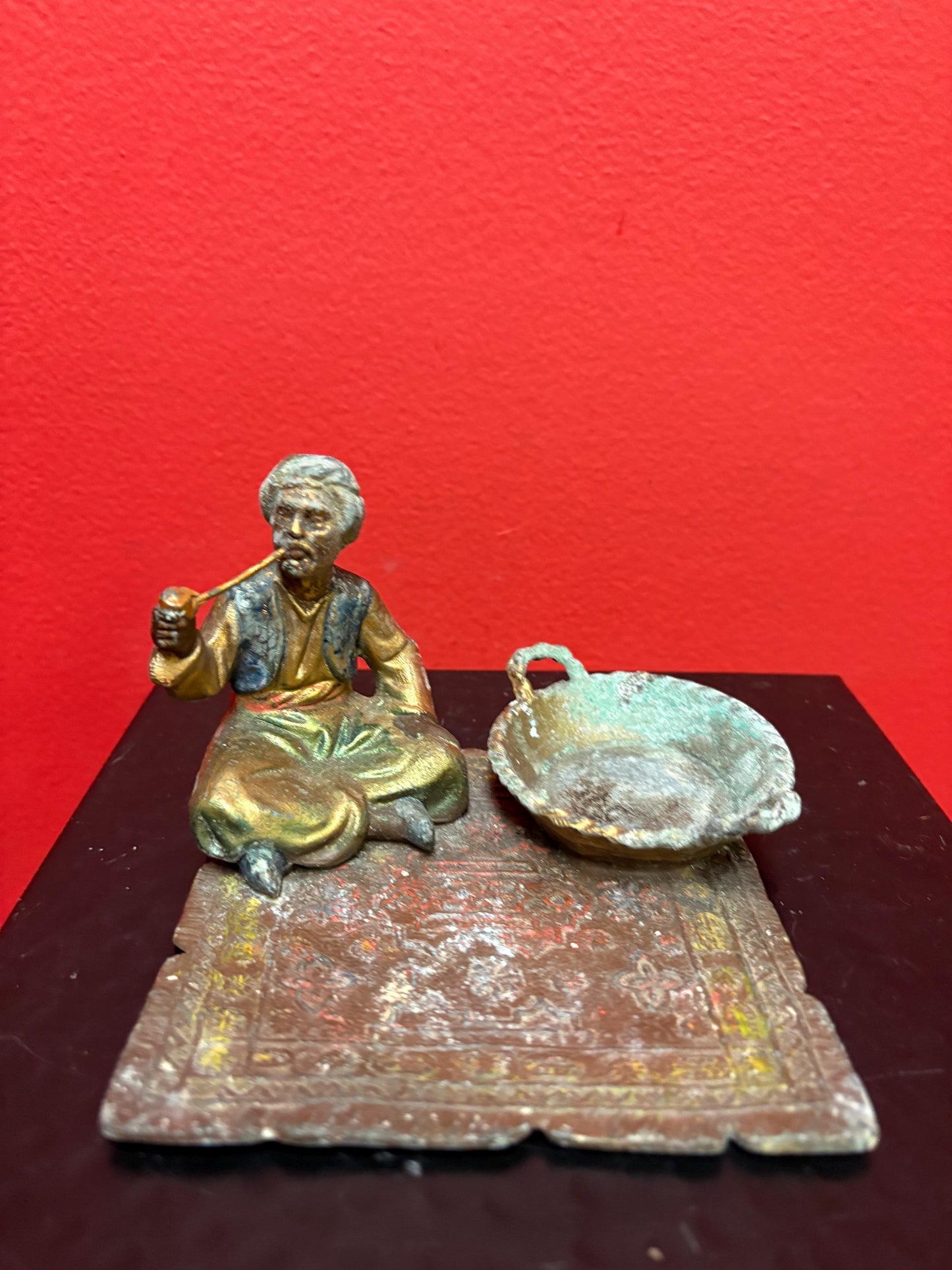 Beautiful 4 x 3 inch Austrian bronze spelter Arabic on carpet statue  antique condition see photos  amazing price