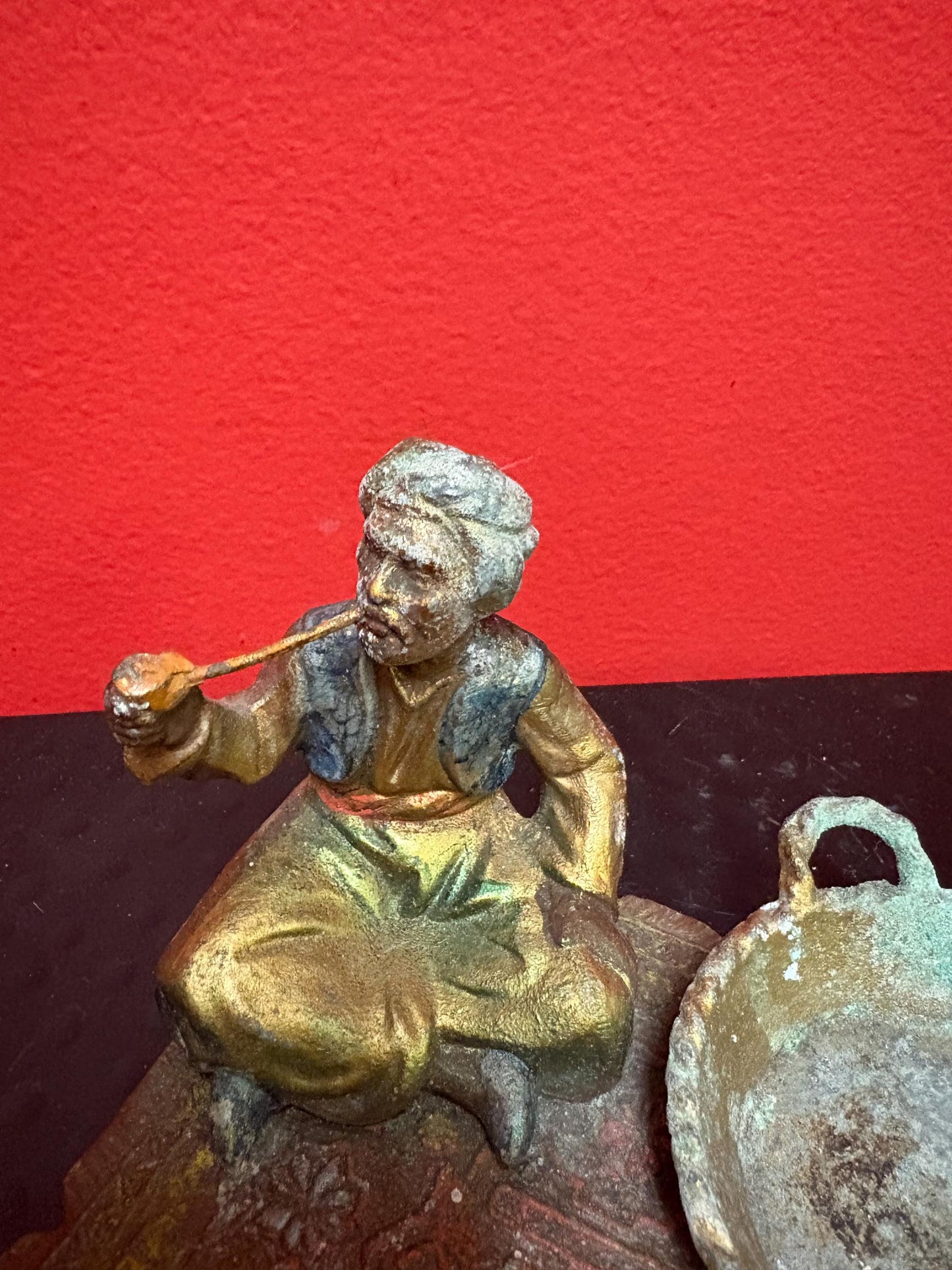 Beautiful 4 x 3 inch Austrian bronze spelter Arabic on carpet statue  antique condition see photos  amazing price