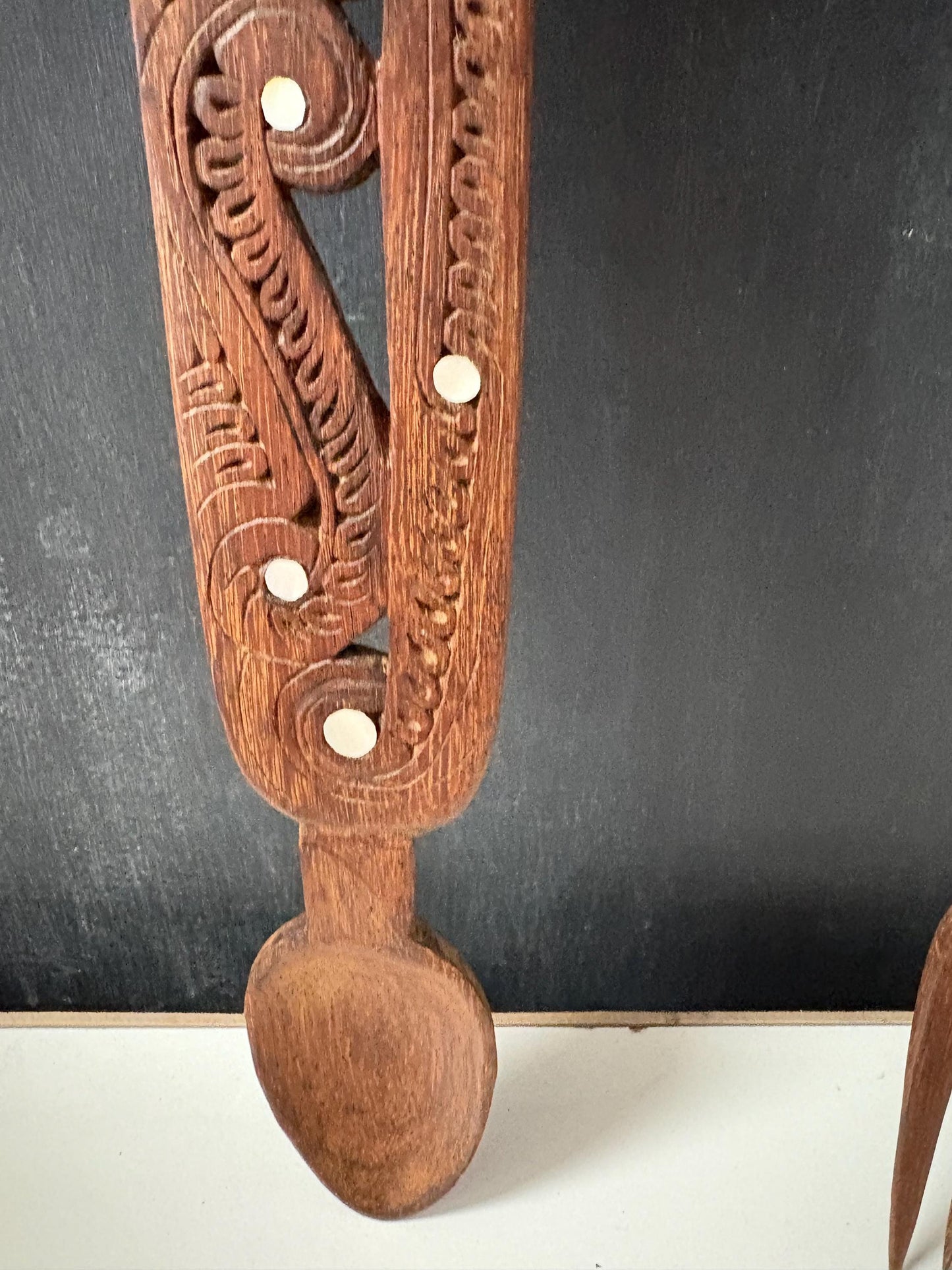 Indigenous New Zealand aboriginal  Maori intricately carved salad server pair  abalone insets  wow  14 and 16 inches long perfect gift -