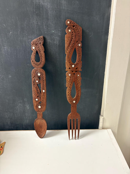 Indigenous New Zealand aboriginal  Maori intricately carved salad server pair  abalone insets  wow  14 and 16 inches long perfect gift -