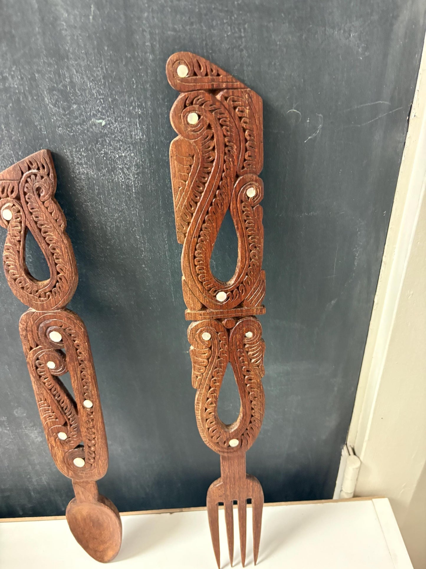 Indigenous New Zealand aboriginal  Maori intricately carved salad server pair  abalone insets  wow  14 and 16 inches long perfect gift -