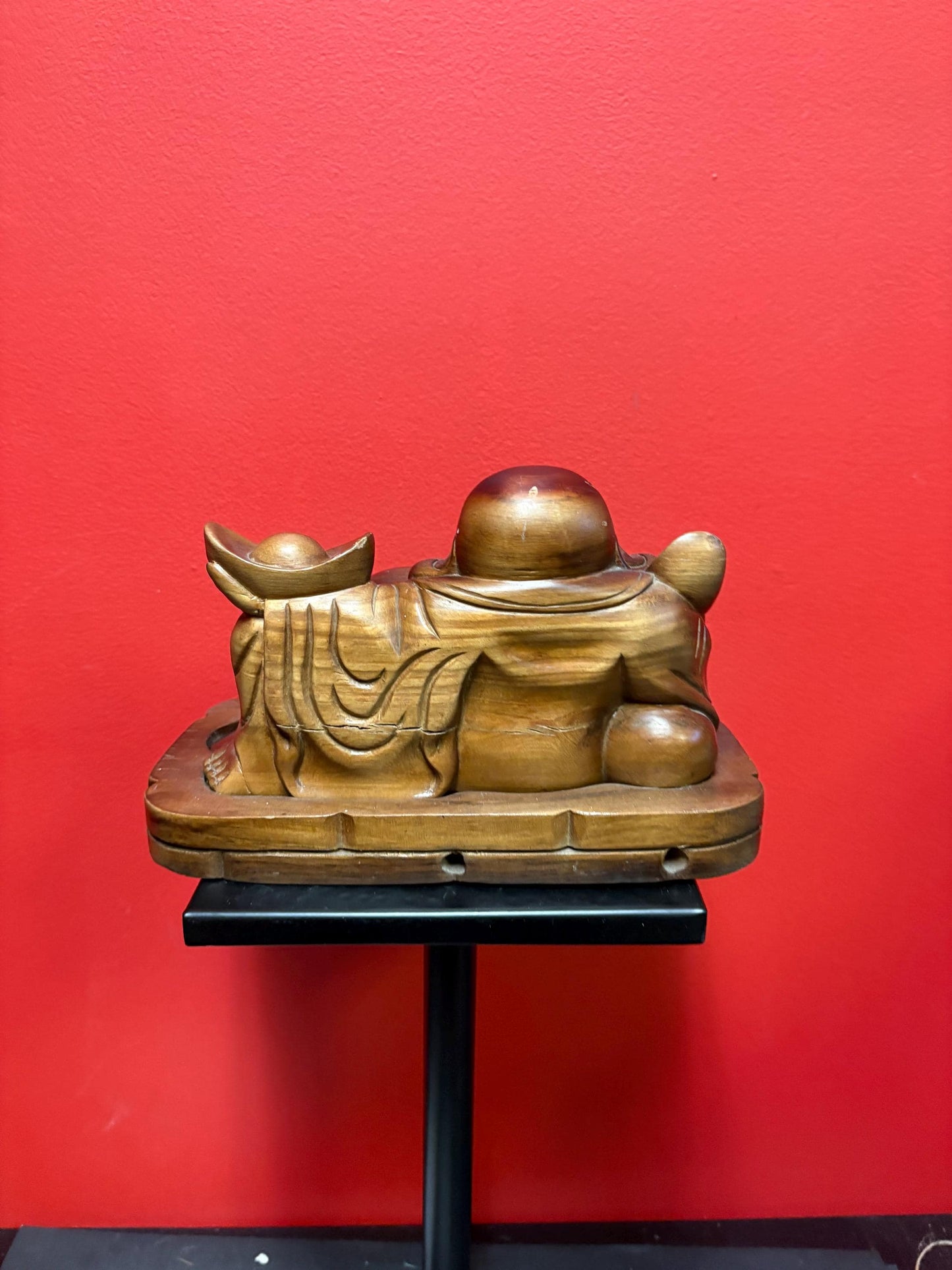 Super cool Chinese Buddha wooden on stand  10 x 8 inch high  unusual  Heavy